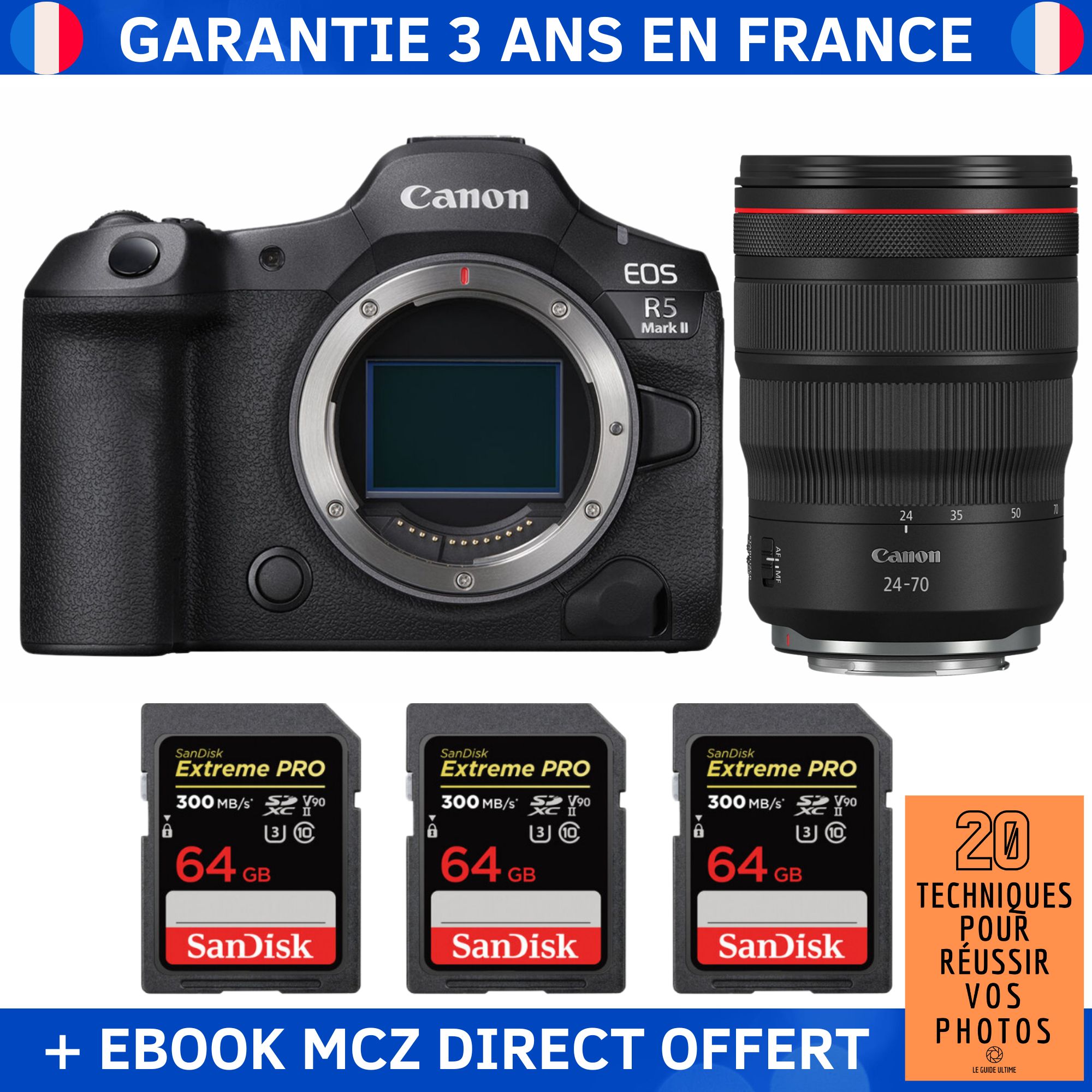 Canon EOS R5 Mark II + RF 24 70mm f2.8 IS USM + 3 SanDisk Extreme PRO UHS II SDXC 300 MB/ + Ebook '20 Techniques pour Réussir vos Photos' Appareil Photo Hybride Canon