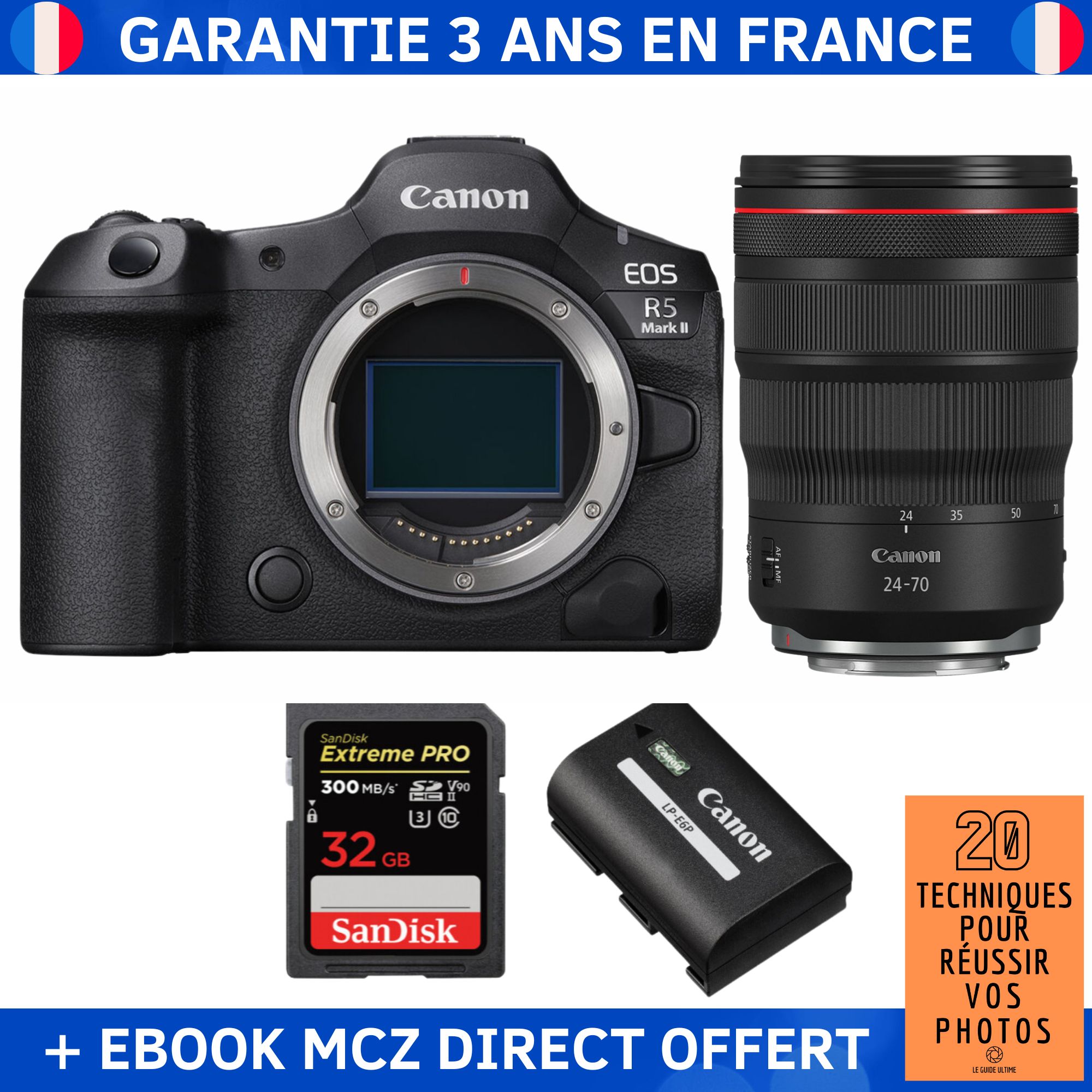 Canon EOS R5 Mark II + RF 24 70mm f2.8 IS USM + 1 SanDisk Extreme PRO UHS II SDXC 300 MB/ + 1 Canon LP E6P + Ebook '20 Techniques pour Réussir vos Photos' Appareil Photo Hybride Canon - vue 2