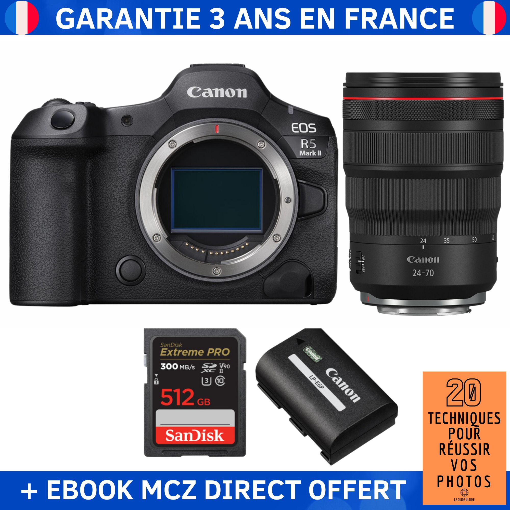 Canon EOS R5 Mark II + RF 24 70mm f2.8 IS USM + 1 SanDisk Extreme PRO UHS II SDXC 300 MB/ + 1 Canon LP E6P + Ebook '20 Techniques pour Réussir vos Photos' Appareil Photo Hybride Canon - vue 3