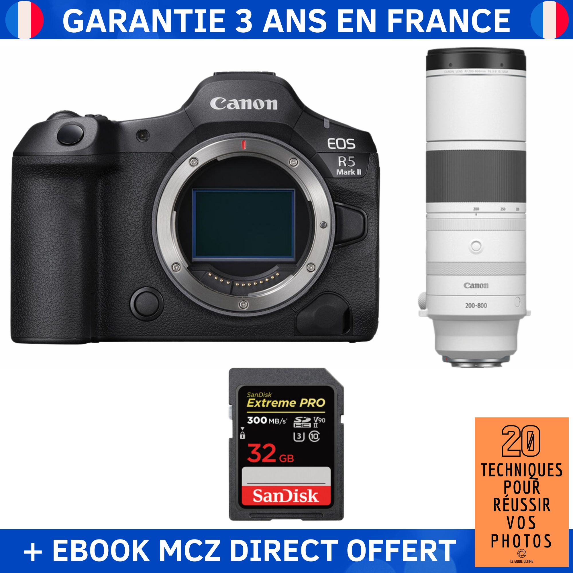 Canon EOS R5 Mark II + RF 200 800mm f6.3 9 IS USM + 1 SanDisk Extreme PRO UHS II SDXC 300 MB/ + Ebook '20 Techniques pour Réussir vos Photos' Appareil Photo Hybride Canon