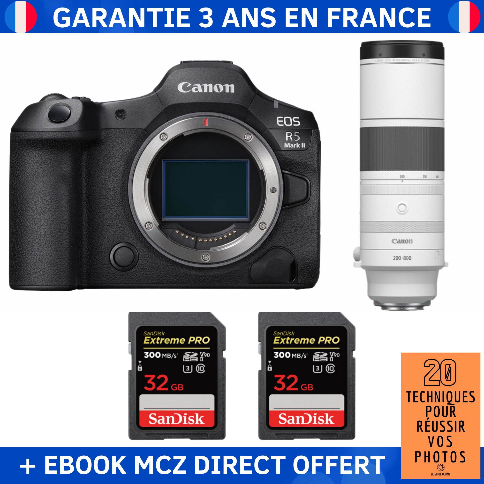 Canon EOS R5 Mark II + RF 200 800mm f6.3 9 IS USM + 2 SanDisk Extreme PRO UHS II SDXC 300 MB/ + Ebook '20 Techniques pour Réussir vos Photos' Appareil Photo Hybride Canon