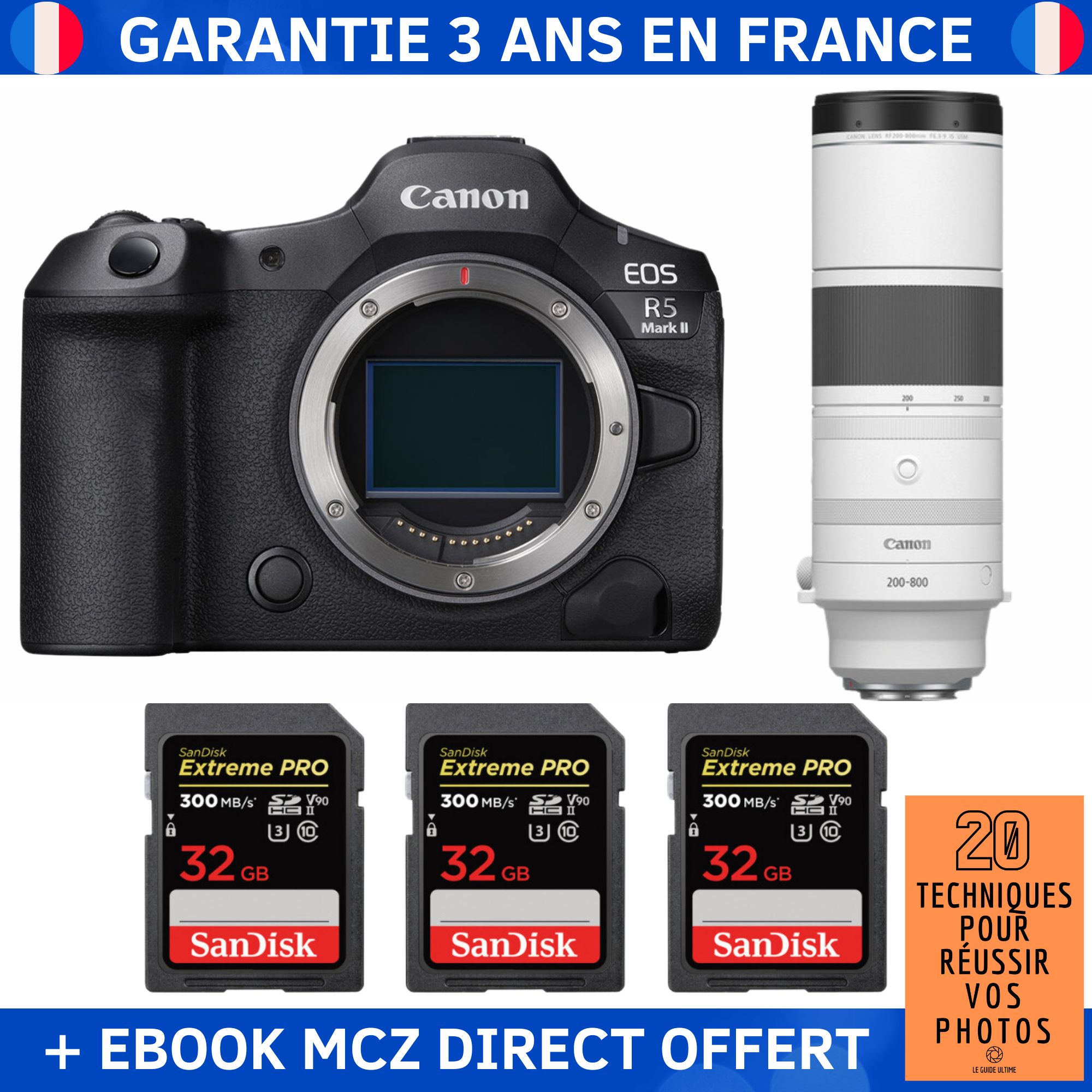 Canon EOS R5 Mark II + RF 200 800mm f6.3 9 IS USM + 3 SanDisk Extreme PRO UHS II SDXC 300 MB/ + Ebook '20 Techniques pour Réussir vos Photos' Appareil Photo Hybride Canon