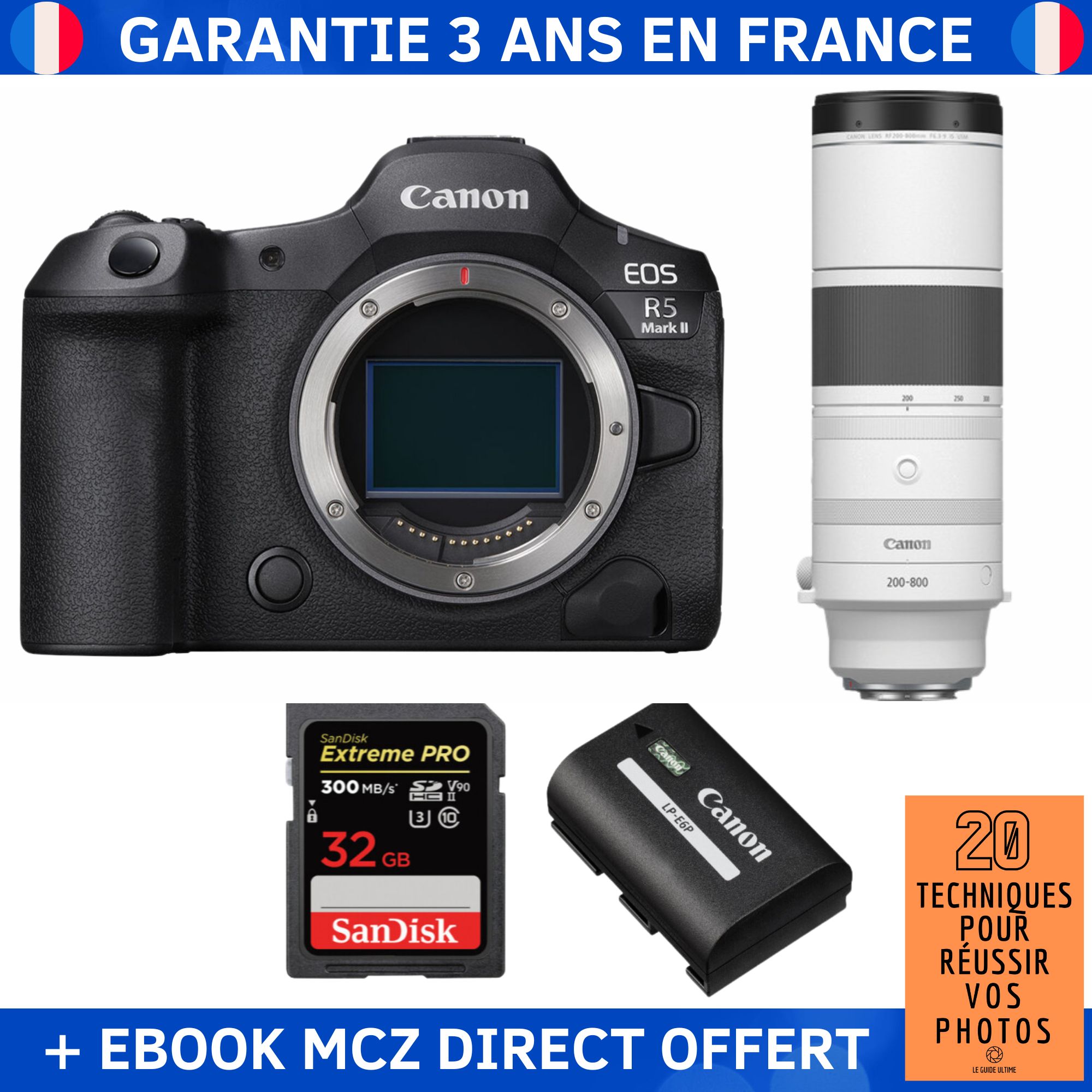 Canon EOS R5 Mark II + RF 200 800mm f6.3 9 IS USM + 1 SanDisk Extreme PRO UHS II SDXC 300 MB/ + 1 Canon LP E6P + Ebook '20 Techniques pour Réussir vos Photos' Appareil Photo Hybride Canon
