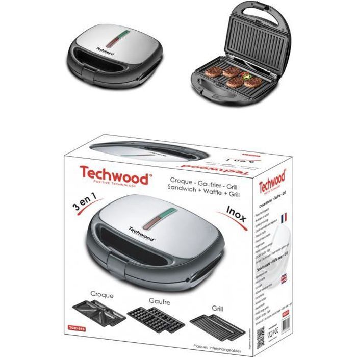 GAUFRIER + CROQUE + GRILL Décor Inox Plaques interchangeables Revêtement anti adhésif cadeau de noêl