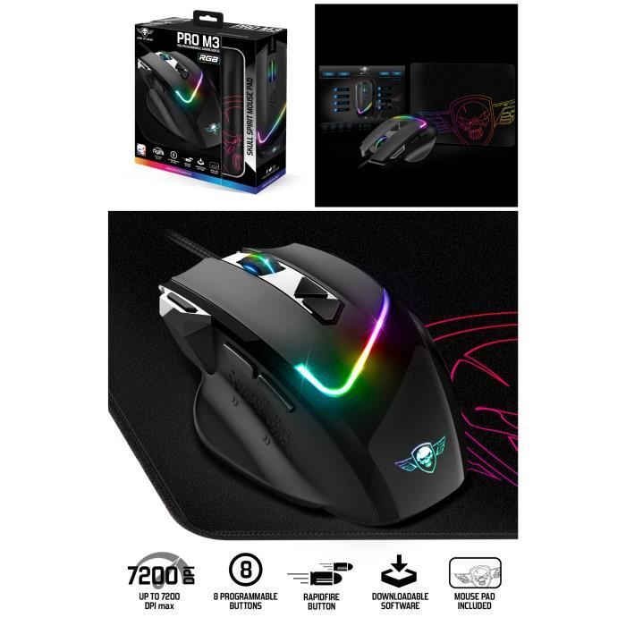 Pack Souris GAMER GAMING PRO M3 RGB SPIRIT OF GAMER Coque design 7200DPI + TAPIS DESIGN