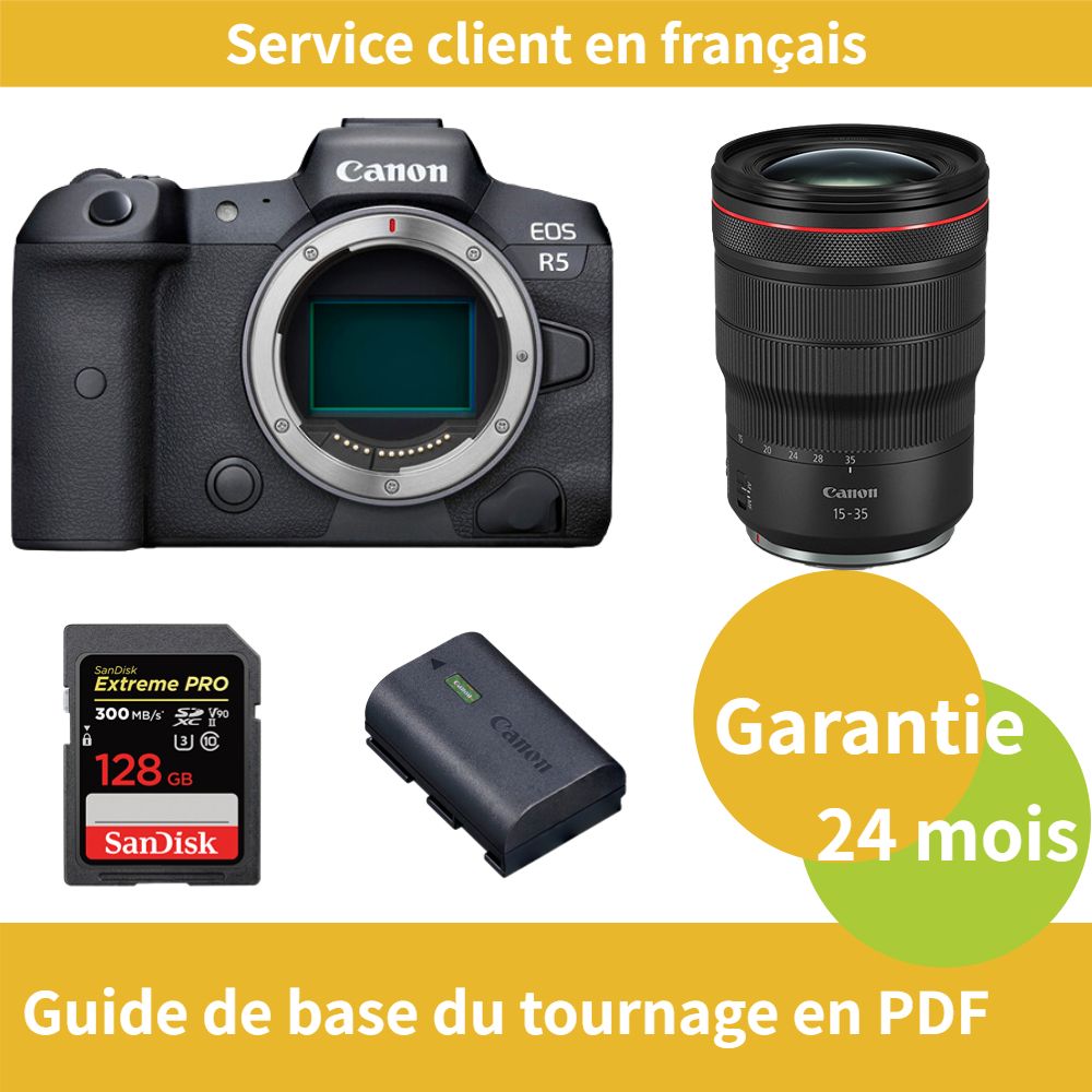 Canon EOS R5 Caméra+Canon Objectif RF 15 35MM F2.8 IS USM+Canon batterie LP E6NH Officielle+SanDisk Extreme PRO carte SDXC UHS II