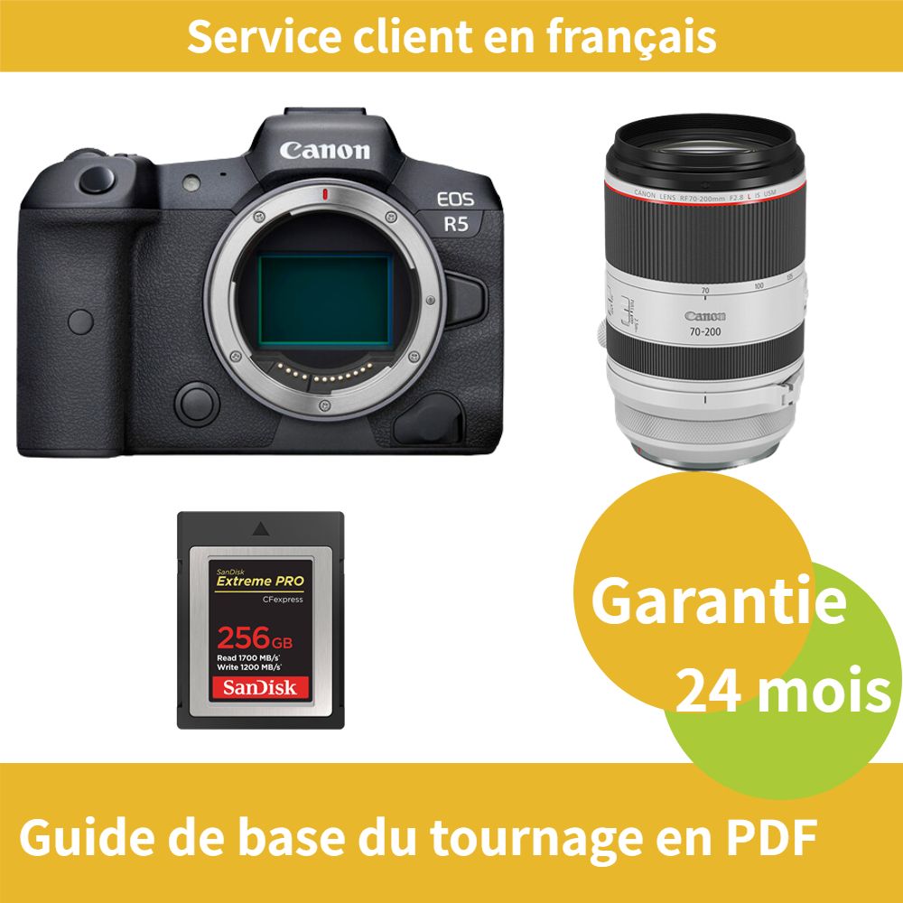 Canon EOS R5 Caméra+CANON Objectif RF 70 200mm f2.8 IS USM+SanDisk Extreme SD card PRO CFexpress Type B