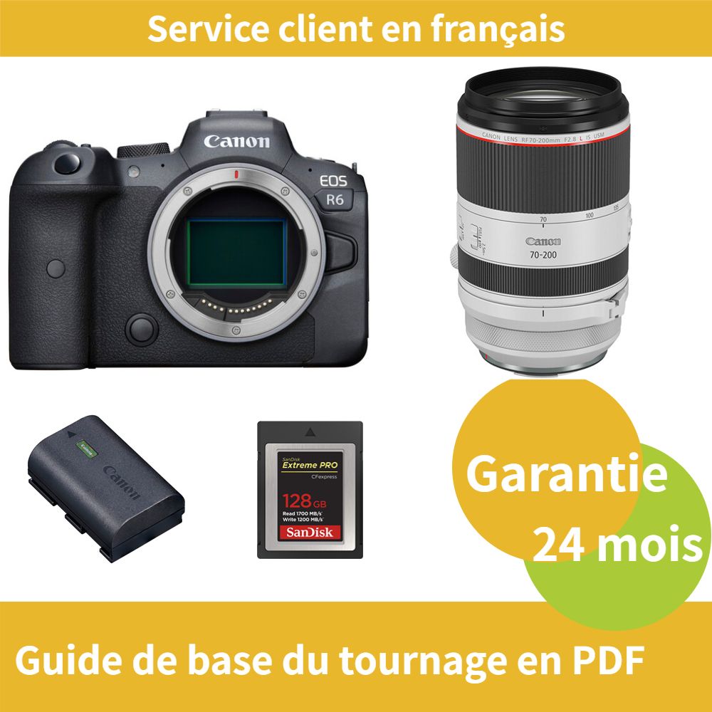 Canon EOS R6 Camera+Canon Objectif RF 70 200mm f2.8 IS USM+Canon batterie LP E6NH Officielle+SanDisk Extreme SD card PRO CFexpress Type B