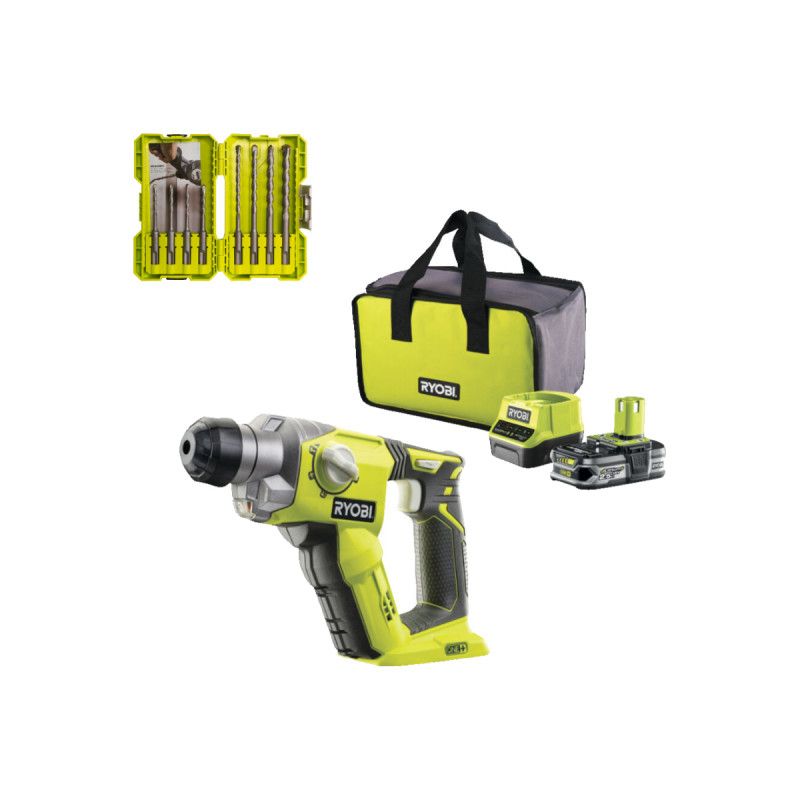 Pack RYOBI Marteau perforateur R18SDS 18V One+ 1 batterie 2.5Ah 1 chargeur Coffret empilage 8 forets SDSPLUS RAK08SDS2