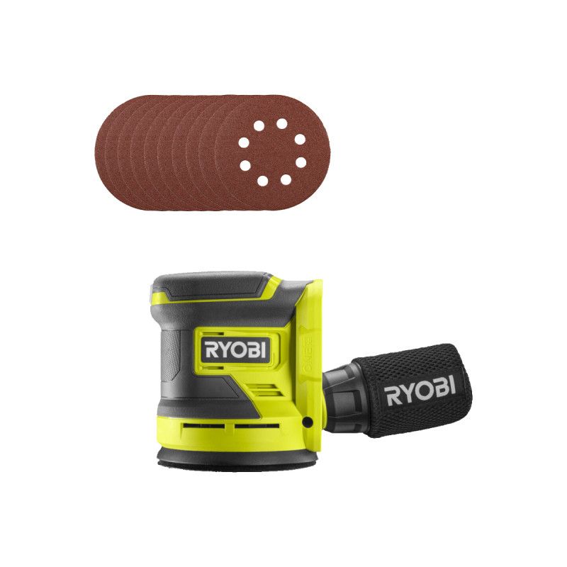Pack RYOBI Ponceuse excentrique RROS18 0 18V One+ Sans batterie ni chargeur 10 Disques abrasifs 125mm Grain 100 120 240 320