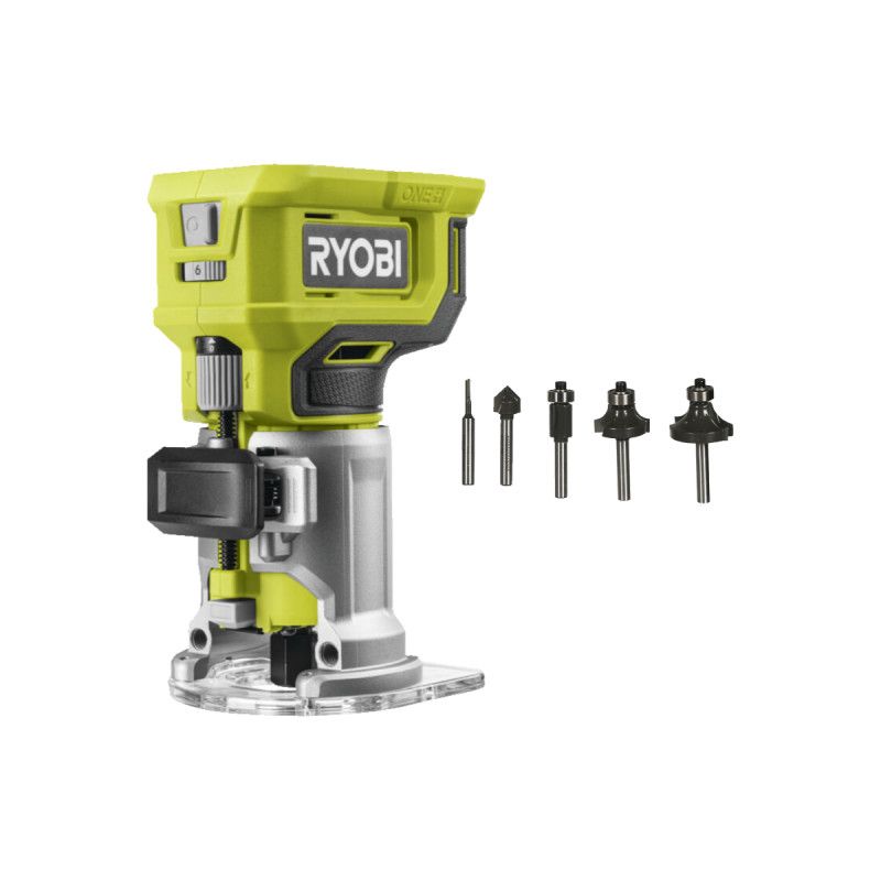 Pack RYOBI Affleureuse à bois RTR18 0 18V One+ Sans batterie ni chargeur Coffret 5 fraises panachées RAKRBS5 Queue de diamètre 6mm