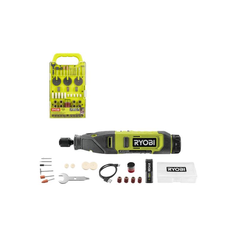 Pack RYOBI - Mini-outil multifonction RRT4-120GA15 - 4V - 1 Batterie 2.0Ah - 1 Câble USB C - 15 Accessoires - Kit de 155 accessoires - RAKRT155