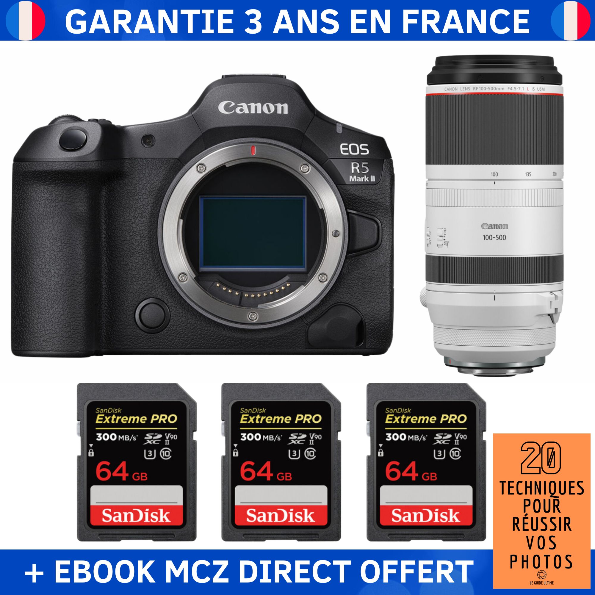 Canon EOS R5 Mark II + RF 100 500mm f4.5 7.1 IS USM + 3 SanDisk Extreme PRO UHS II SDXC 300 MB/ + Ebook '20 Techniques pour Réussir vos Photos' Appareil Photo Hybride Canon