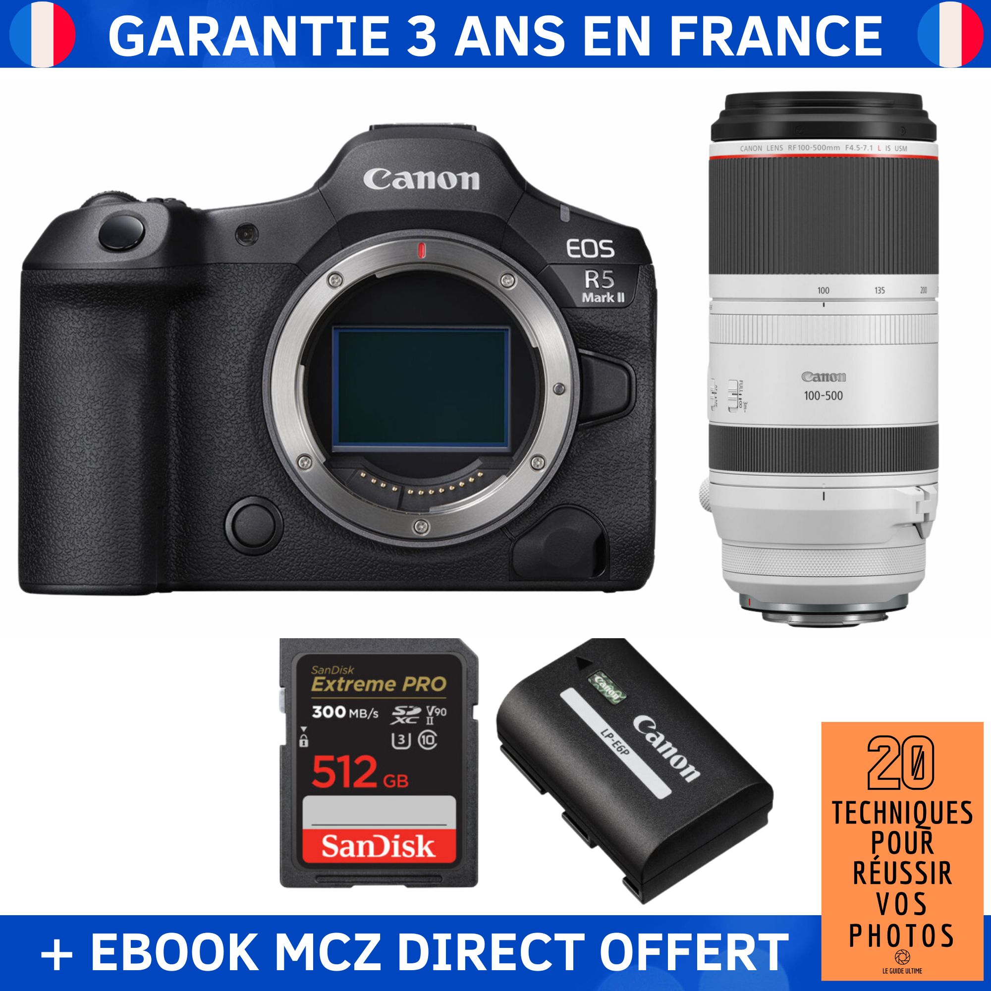 Canon EOS R5 Mark II + RF 100 500mm f4.5 7.1 IS USM + 1 SanDisk Extreme PRO UHS II SDXC 300 MB/ + 1 Canon LP E6P + Ebook '20 Techniques pour Réussir vos Photos' Appareil Photo Hybride Canon - vue 3