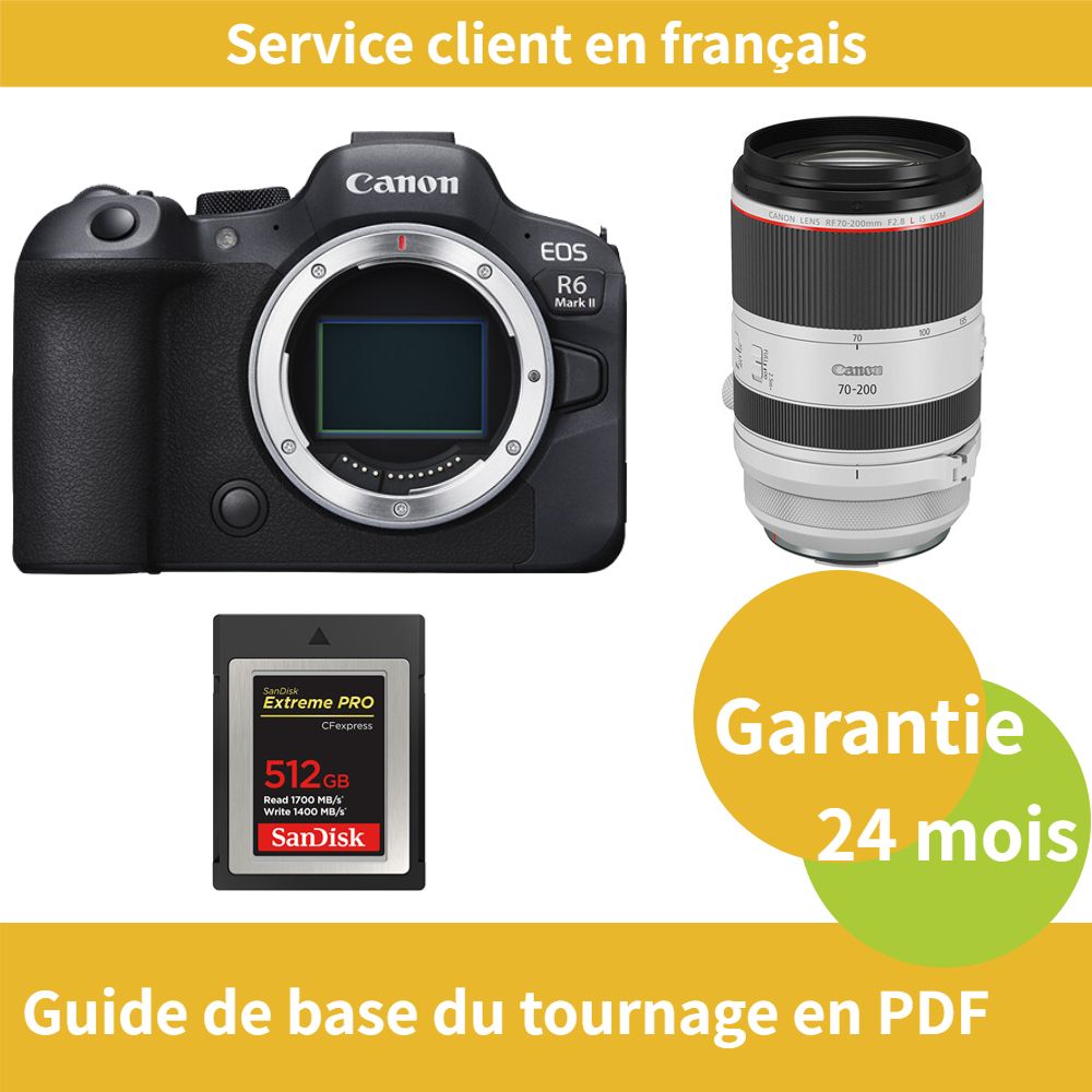 Canon EOS R6 Mark II caméra+Canon Objectif RF 70 200mm F2 8 IS USM+SanDisk Extreme SD card PRO CFexpress Type B