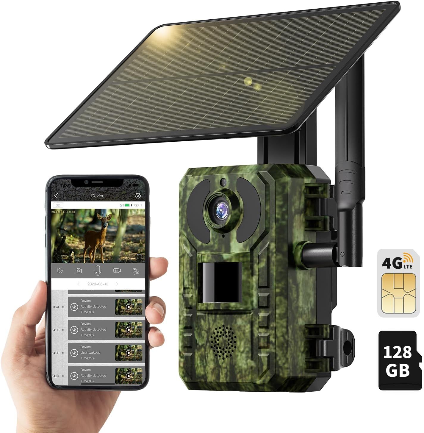 Caméra De Chasse 4G Avec Sim Et 128Gb Carte Mémoire, Vidéo En Direct 2.7K, Solar Caméra De Chasse Nocturne Pour La Surveillance De La Faune, 0,2S Temps D'Activation, Détection De Mouvement