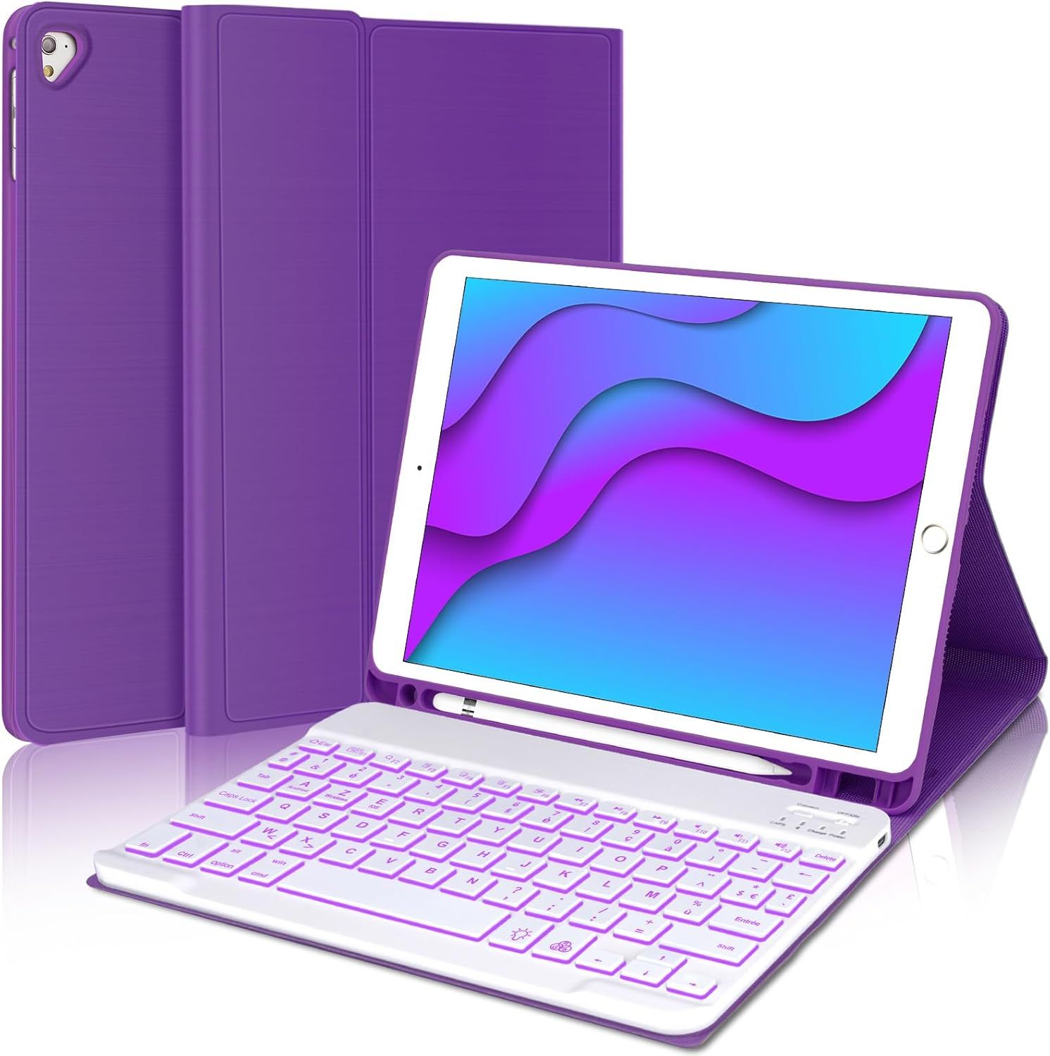 Clavier Pour Ipad 9.7"", Ipad 6Ème/ 5Ème Géneration 2018/2017, Ipad Pro 9.7, Ipad Air 2/1 2014/2013, Azerty Français Clavier Rétro-Éclairé Bluetooth Amovible, Violet