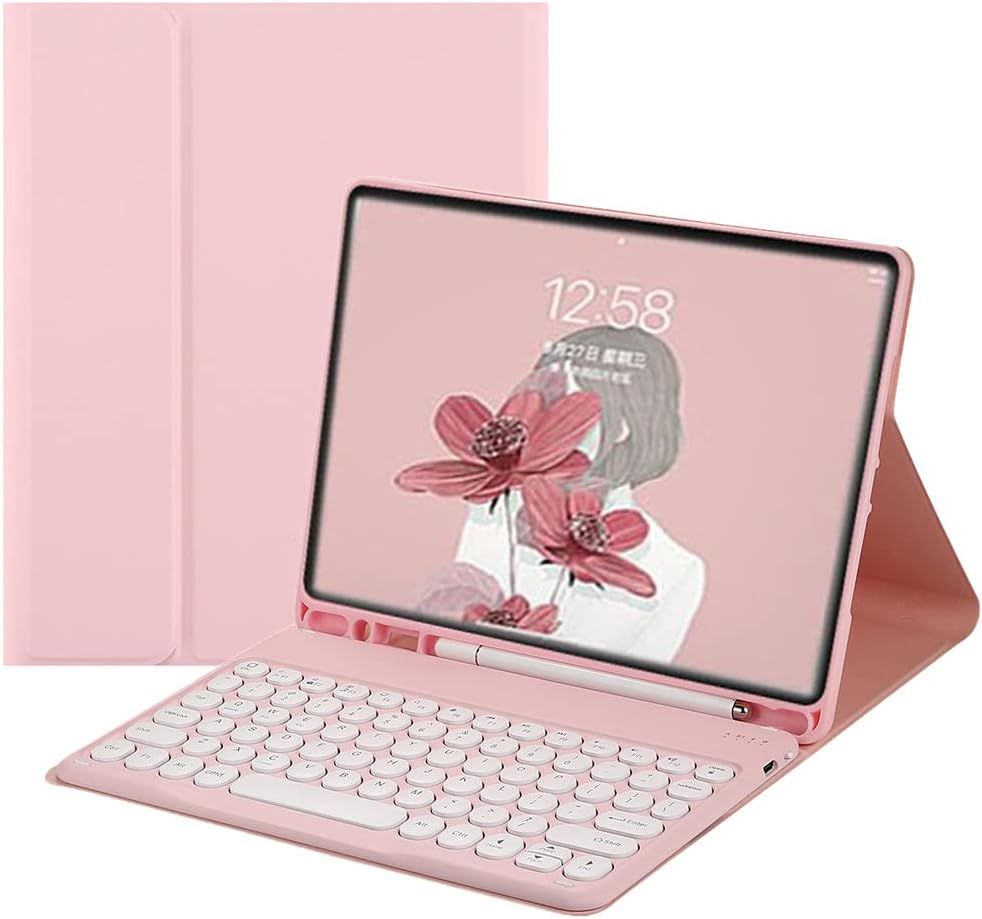 Étui Avec Clavier Bt Amovible Sans Fil Avec Porte-Crayon Pour Ipad 6e 5e Génération, Clavier Coloré Arrondi, Ipad Air 2, Ipad Pro 9,7"", Rose Clair