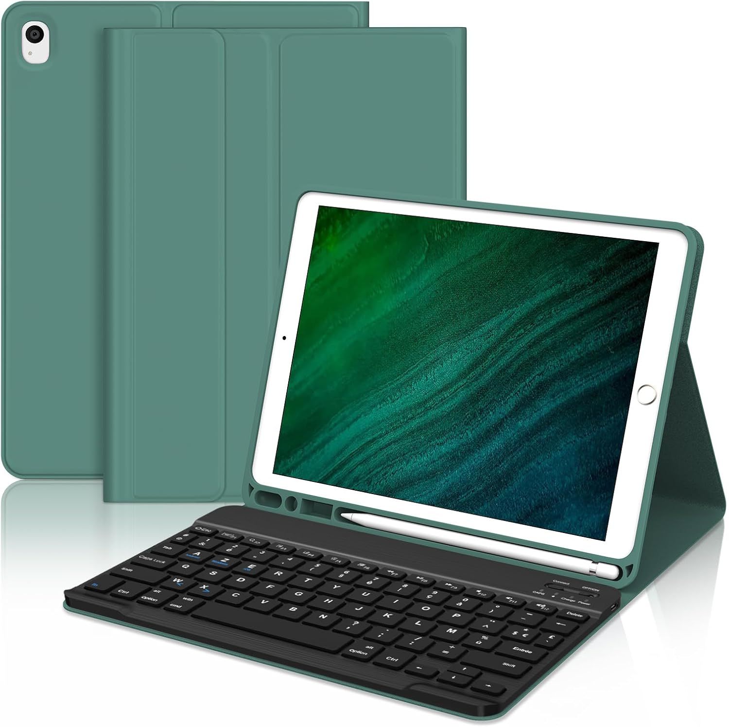 Coque Clavier Pour Ipad 9Eme/8Eme/7Eme Generation, Azerty Français Clavier Pour Ipad 10.2 9/8/7 Generation, Magnétique Amovible Bluetooth Sans Fil Clavier Pour Ipad 10.2"", Vert Foncé