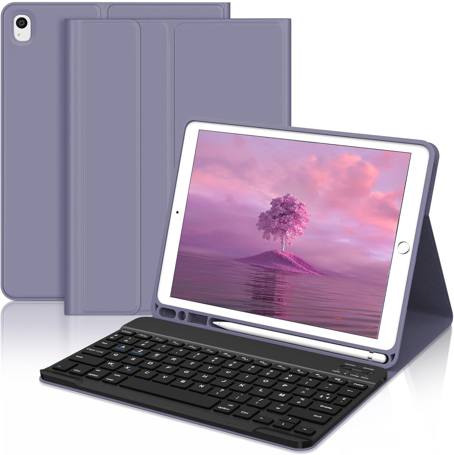 Coque Clavier Pour Ipad 9Eme/8Eme/7Eme Generation 10.2"", Azerty Français Clavier Pour Ipad 9/8/7 Generation, Magnétique Amovible Bluetooth Sans Fil Clavier, Violet