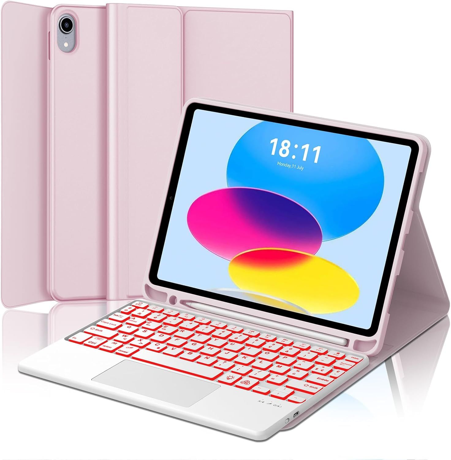 Coque Clavier Avec Trackpad Pour Ipad 10Eme Generation 10.9"", Azerty Clavier Rétroéclairé Avec Pavé Tactile Pour Ipad 10 Generation 2022, Détachable Sans Fil Clavier Avec Porte-Crayon, Rose