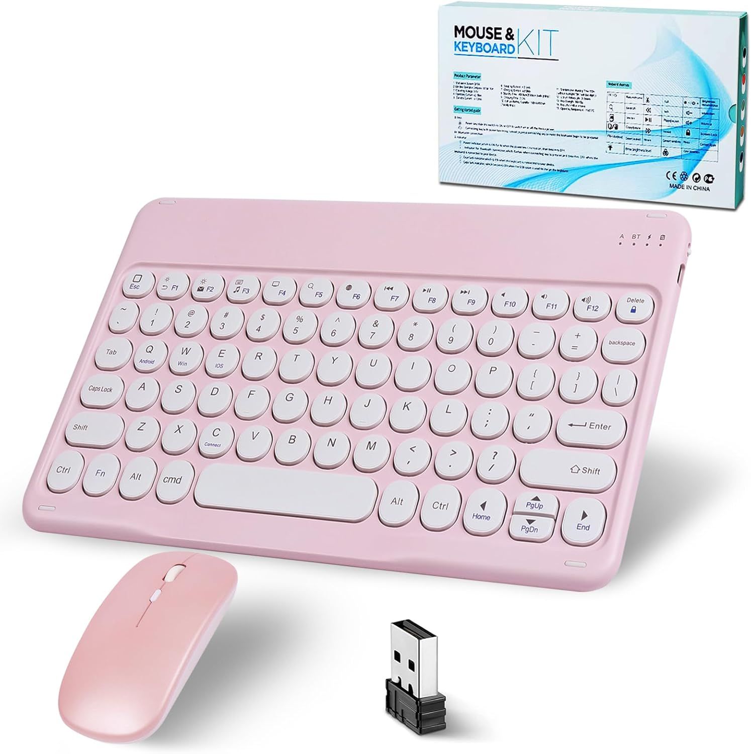 Clavier Bluetooth Sans Fil, Mini Clavier Sans Fil Ultra Fin Avec Souris 2,4 Ghz Pour Ipad, Mac, Ordinateur Portable, Tablette, Surface, Téléphone, Windows/Android/Ios, Qwerty, Mise À Niveau Rose