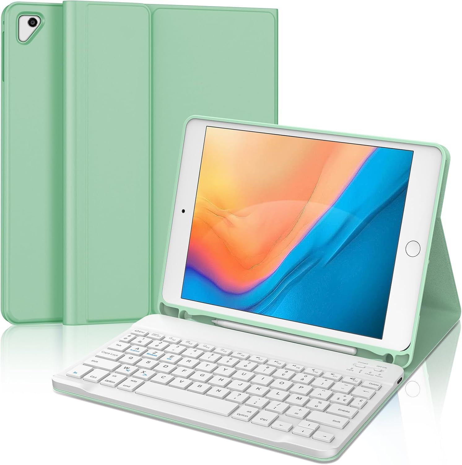 Étui Clavier Pour Ipad 9.7"", Ipad 6ème/5ème Génération-2018/2017, Ipad Air 2/1, Ipad Pro 9.7, Coque Clavier Azerty Français Bluetooth Amovible Avec Fente Pour Stylo, Vert