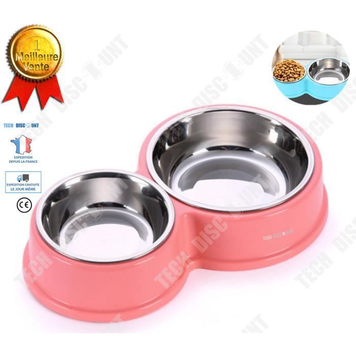 Td® Bol Pour Chien Double Compartiment Ultra Résistant Anti Morsure Couleur Rose Conception Acier Inoxydable Accessoire Testé Approu
