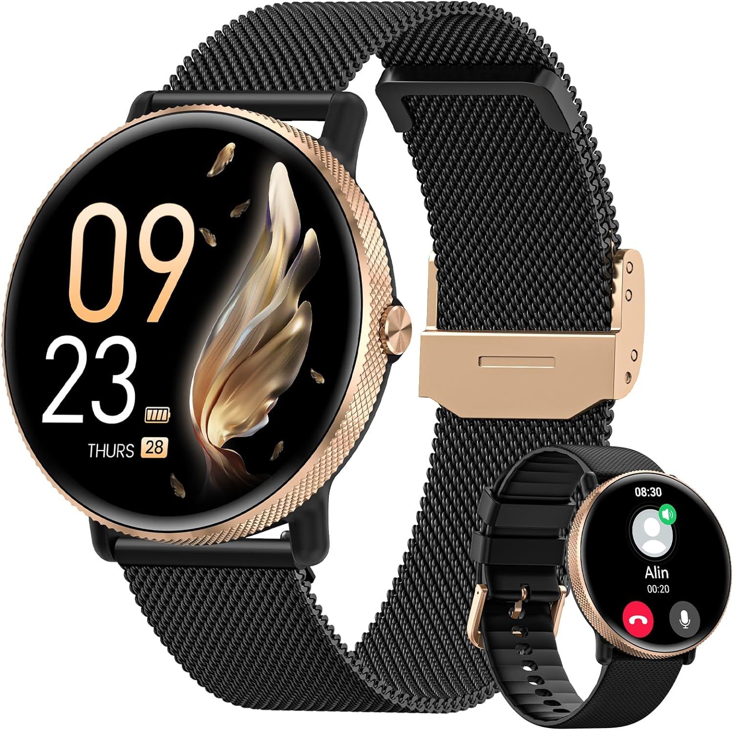 2024 Montre Connectée Femme Avec Appel, 1.39¿ Amoled Smartwatch, 120+ Sport, Suivi Des Règles, 24h Fréquence Cardiaque, Sommeil, Spo2, Tensiomètre, Calories Ip68 Podomètre Android Ios Or Noir