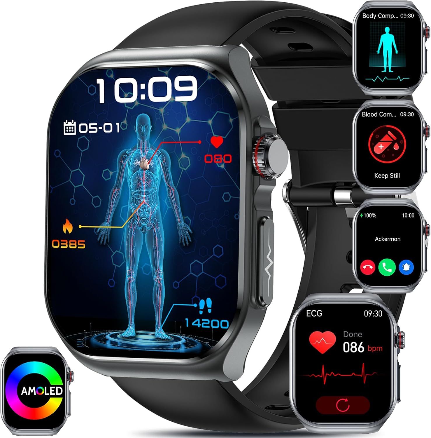 ¿¿¿ Montre Connectée Homme Femme, 2,04"" Amoled Smartwatch Avec ¿¿¿¿É¿¿¿/Acide Urique/Hrv/Bmi/Détection Des Émotions Montre Connectee, Appel D'urgence Sos Smart Watch Pour Android Ios