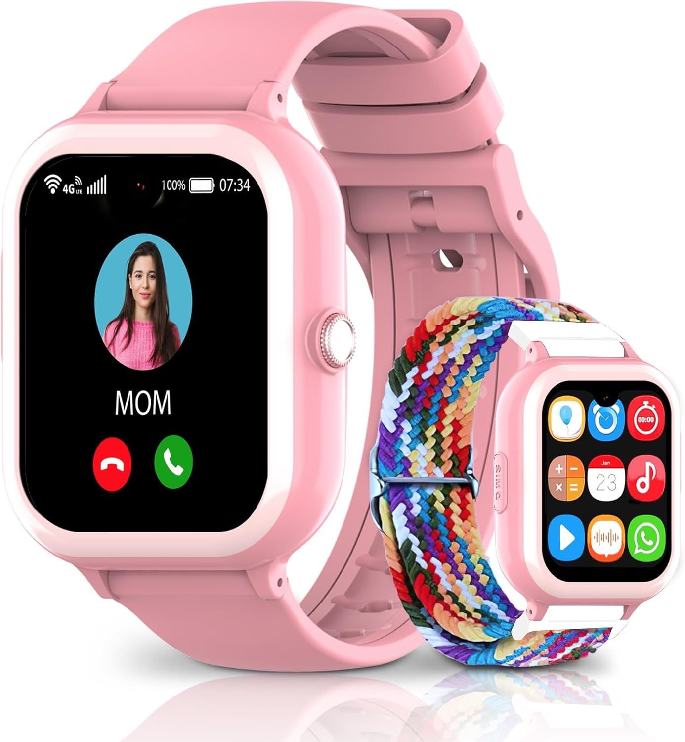 Montre Connectée Amoled Enfant 4g Gps Sms Whatsapp Appel Vidéo Pour Garçon Fille 7-13 Ans Smartwatch Tendance Podometre Bracelet Gps Enfant Contrôle Parental (Nh6, Pink - Rainbow)