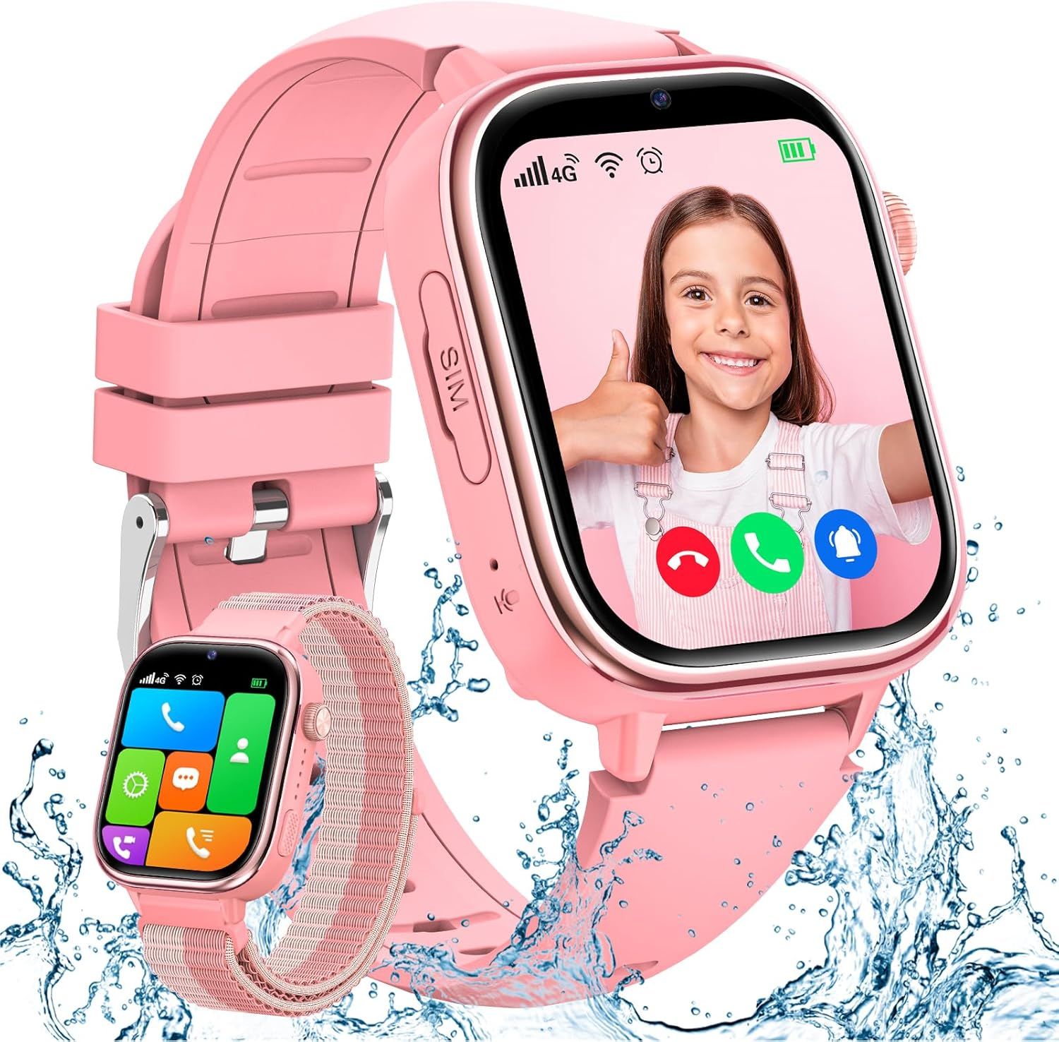 Montre Connectée Enfant 4g, Smartwatch Téléphone Avec Ip68 Étanche, Carte Sim, Sos, Bracelet Gps, Chat, Appel Vidéo, Mode Classe, Podomètre, Sommeil, Réveil, Montre Intelligente Enfants Rose