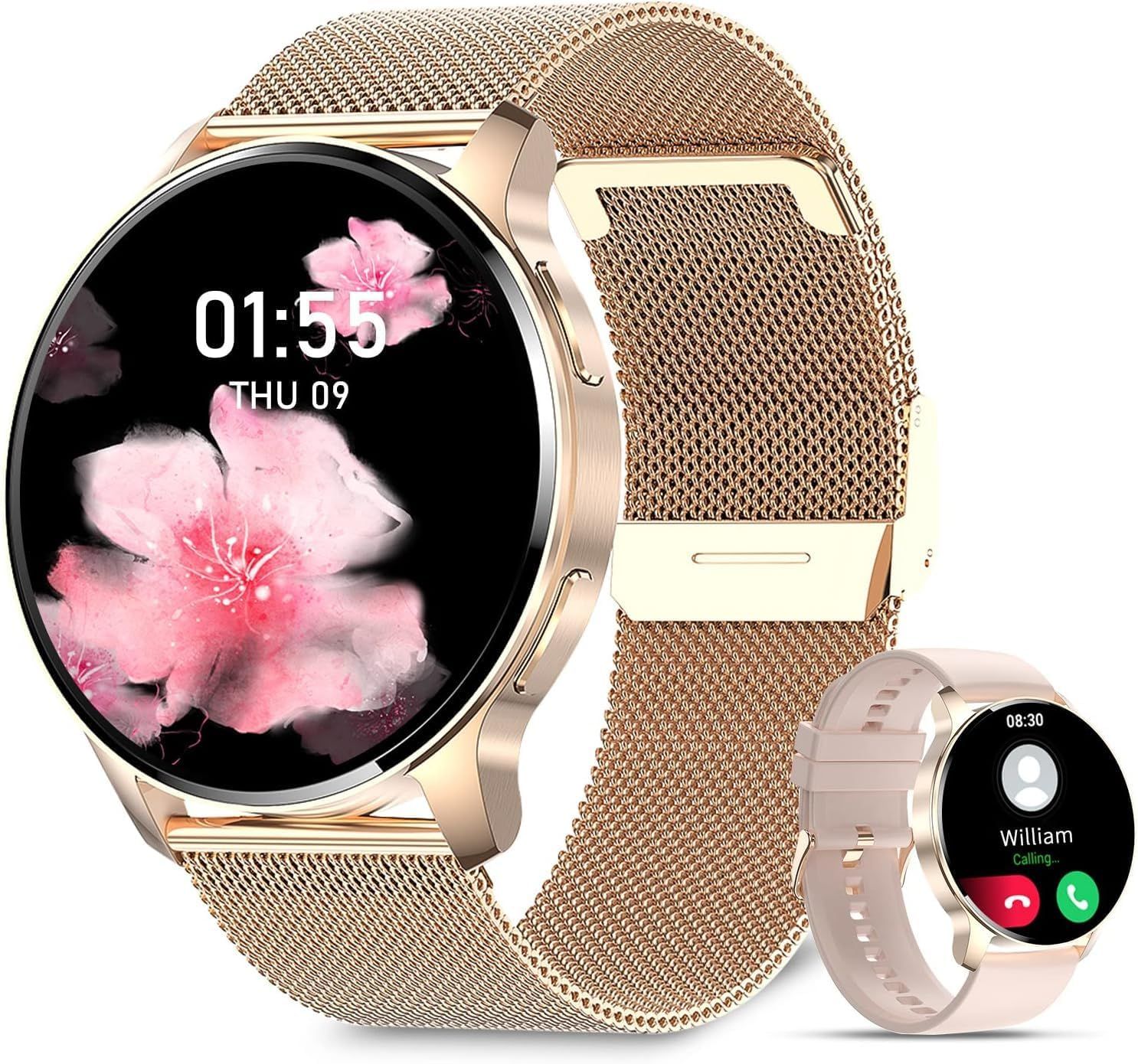 Niolina Montre Connectée Pour Femme, 1,32"" Hd Smartwatch Avec Appels Bluetooth Assistant Vocal Moniteur De Fréquence Cardiaque Sommeil Montre De Fitness Sportive Pour Ios Android Or Rose