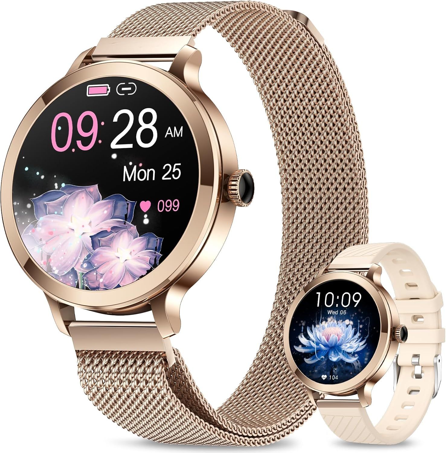 Montre Connectée Femme Avec Appels,1.1"" Amoled Ronde Smartwatch,Montre Connectee Avec 110+ Sport/Spo2/Bp/Fréquence Cardiaque/Sommeil Moniteur,Ip68 Fitness Tracker Android Ios Or Rose