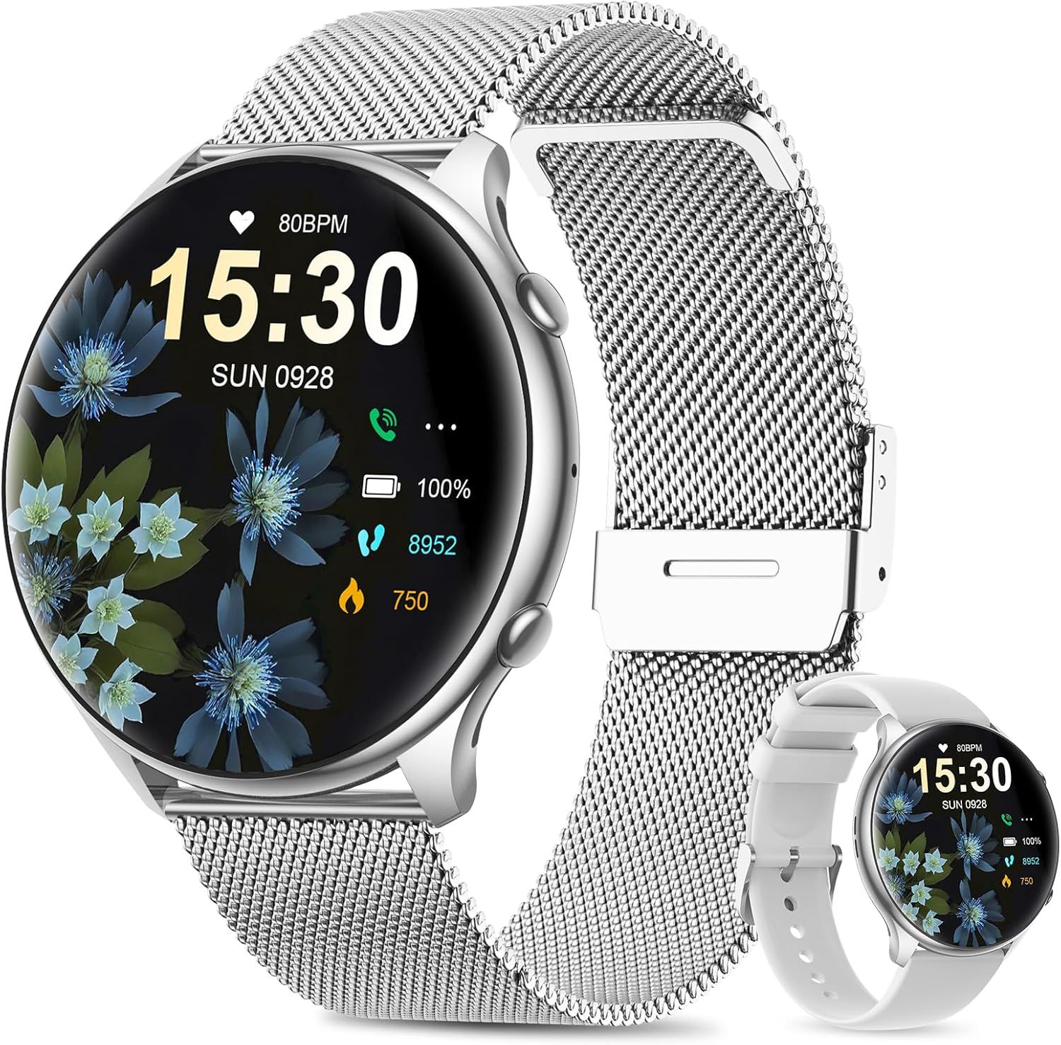 Montre Connectée Femme Ronde Avec Tension Artérielle/Sommeil Moniteur/Cycle Menstruel/Fréquence Cardiaque/Podometre, 1,39"" Smartwatch Avec Appel Bluetooth Pour Ios Android (Argenté)