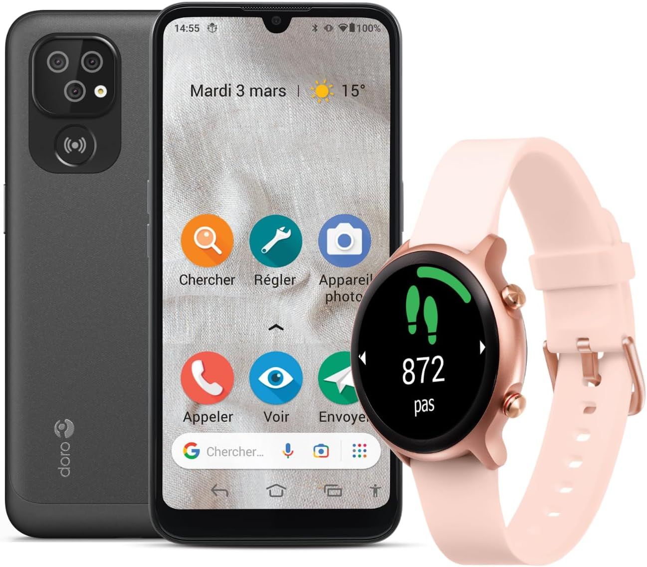 8100 + Watch - Smartphone 4g Facile Pour Seniors - Écran 6.1" - Triple Caméra - Montre Connectée Femme Homme - Podomètre - Haute Lisibilité - Touche D'assistance Avec Gps (Noir+Montre Rose)