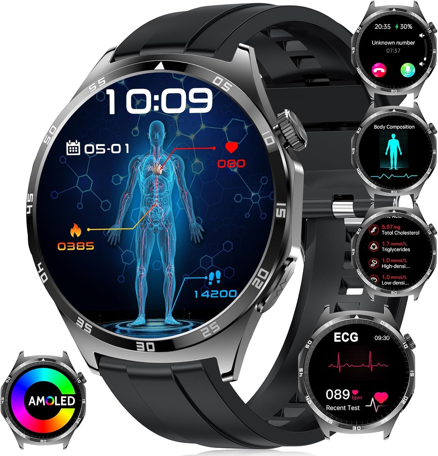 Montre Connectée Ecg/Hrv/Acide Urique/Bmi Ronde, 1,43"" Amoled Écran Tactile Smartwatch, 100+ Modes Sportifs, 24/7 Sommeil Fréquence Cardiaque Podomètre Montre De Fitness Pour Android/Ios