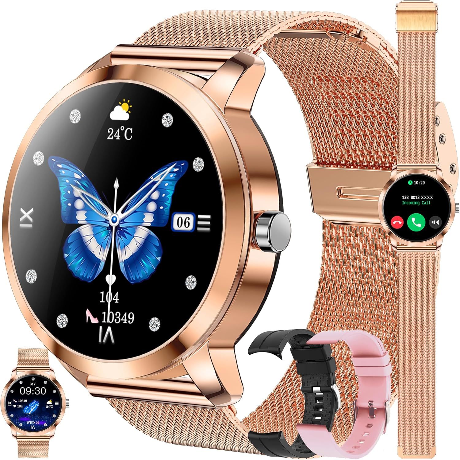 Montre Connectée Femme Avec Appel Bluetooth, 1,09"" Smartwatch Avec 123 Modes Sportifs Ip68 Étanche, Sommeil, Fréquence Cardiaque, Spo2, Tracker D'activité, Smart Watch Pour Ios Android (Or)