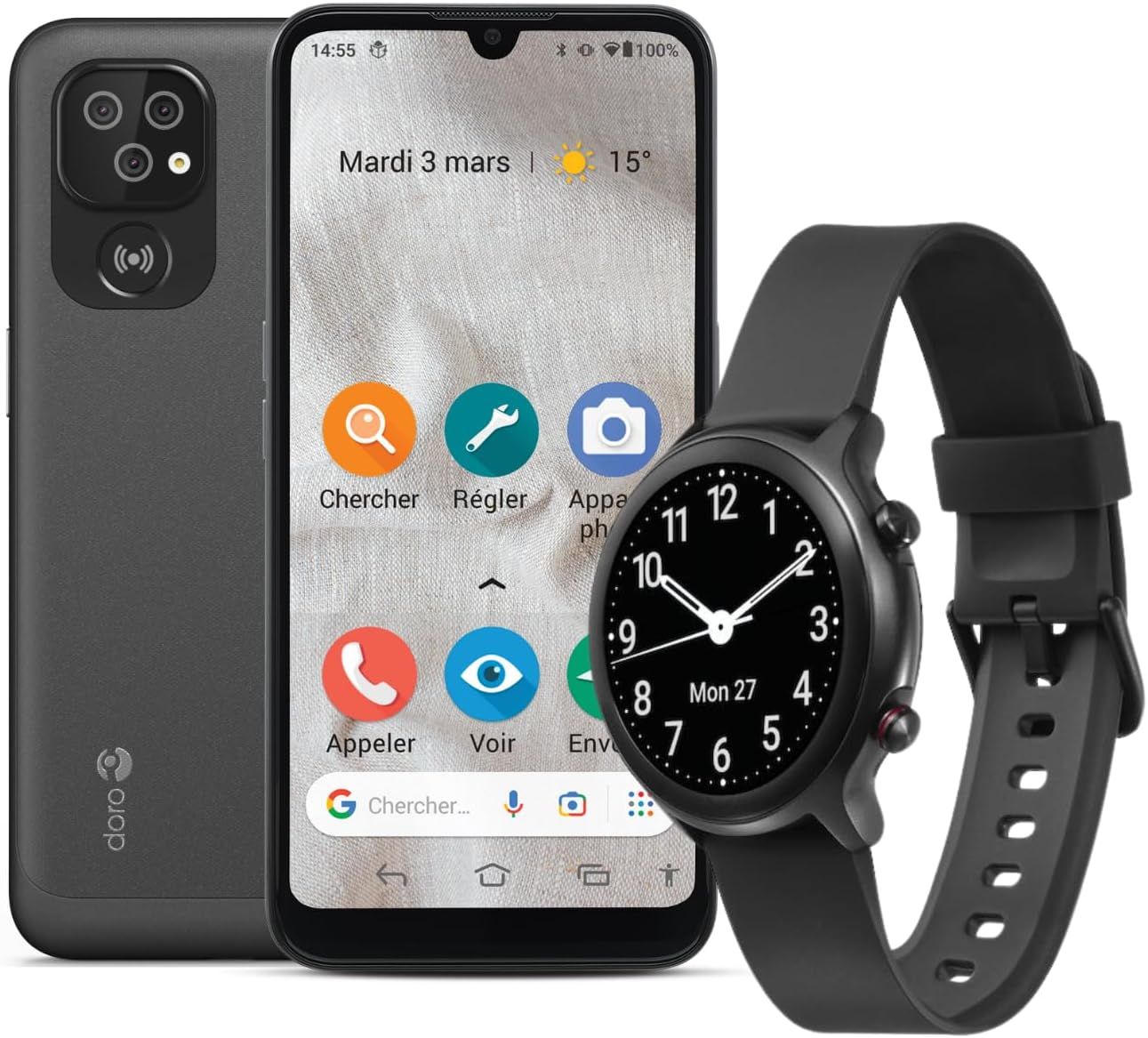 8100 + Watch - Smartphone 4g Facile Pour Seniors - Écran 6.1" - Triple Caméra- Montre Connectée Femme Homme - Podomètre - Haute Lisibilité - Touche D'assistance Avec Gps (Noir+Montre Noir)