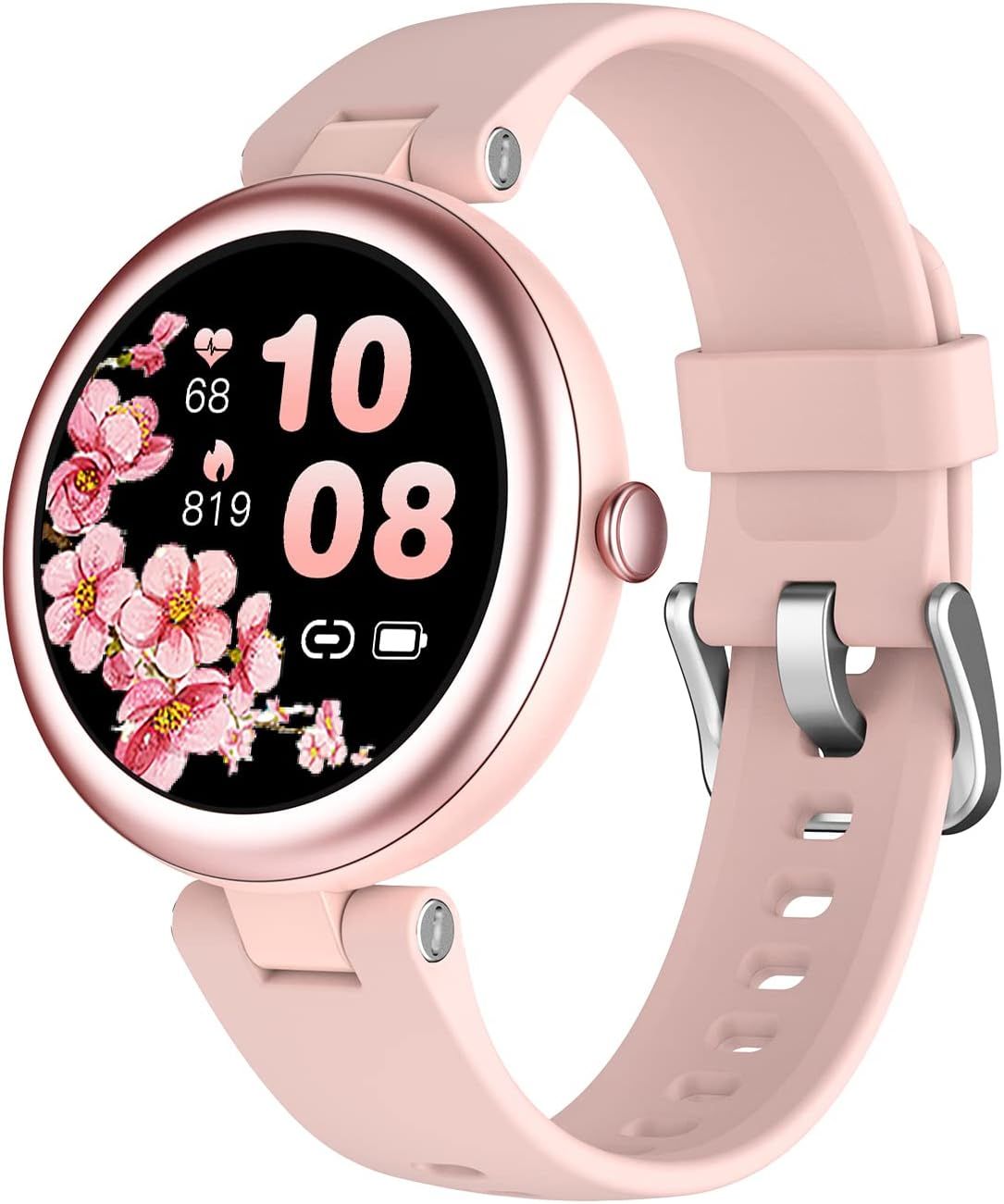 Montre Connectée Femme Lynn Smartwatch Ronde Petite Taille 1,09 Pouces Elegante Montre Sport Tactile Android Ios Podometre Cardiofrequencemetre Oxymetre Multisport Cycle Menstruel Rose