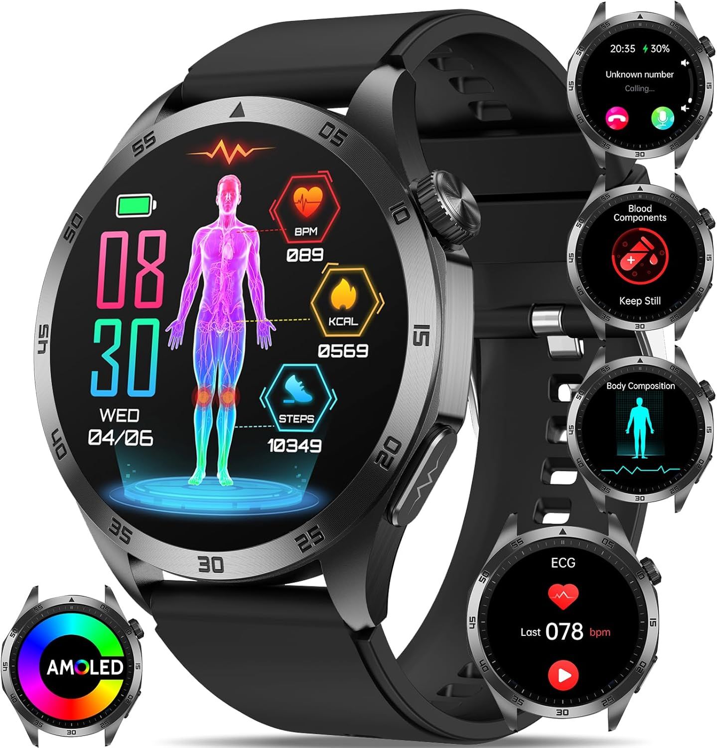 Montre Connectée ¿¿¿¿É¿¿¿ Avec Ecg+Hrv/Acide Urique/Lipides/Bmi, 1.43"" Amoled Smartwatch Avec Appel Bluetooth, Fatigue, Humeur, Température Corporelle, Surveillance Du Sommeil Pour Android/Ios