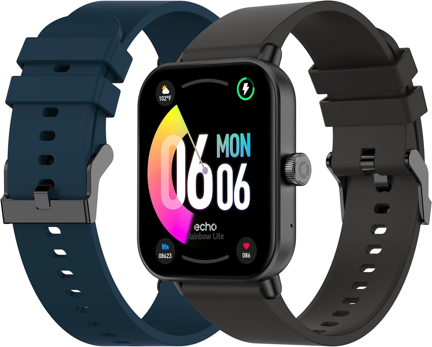 Rainbow Lite - Montre Connectée Homme 1.83'' - Appel Bluetooth/Sans Fil & Capteurs Santé - Modes Sport Avec Coaching - 2 Bracelets Gomme - Légère & Étanche - Android/Ios