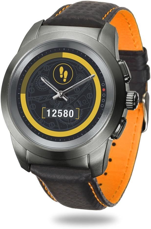 Zetime Regular Premium - 44mm - Montre Connectée Hybride Avec Aiguilles Mécaniques Et Écran Couleur Tactile - Titanium Brossé / Carbone Noir Couture Orange