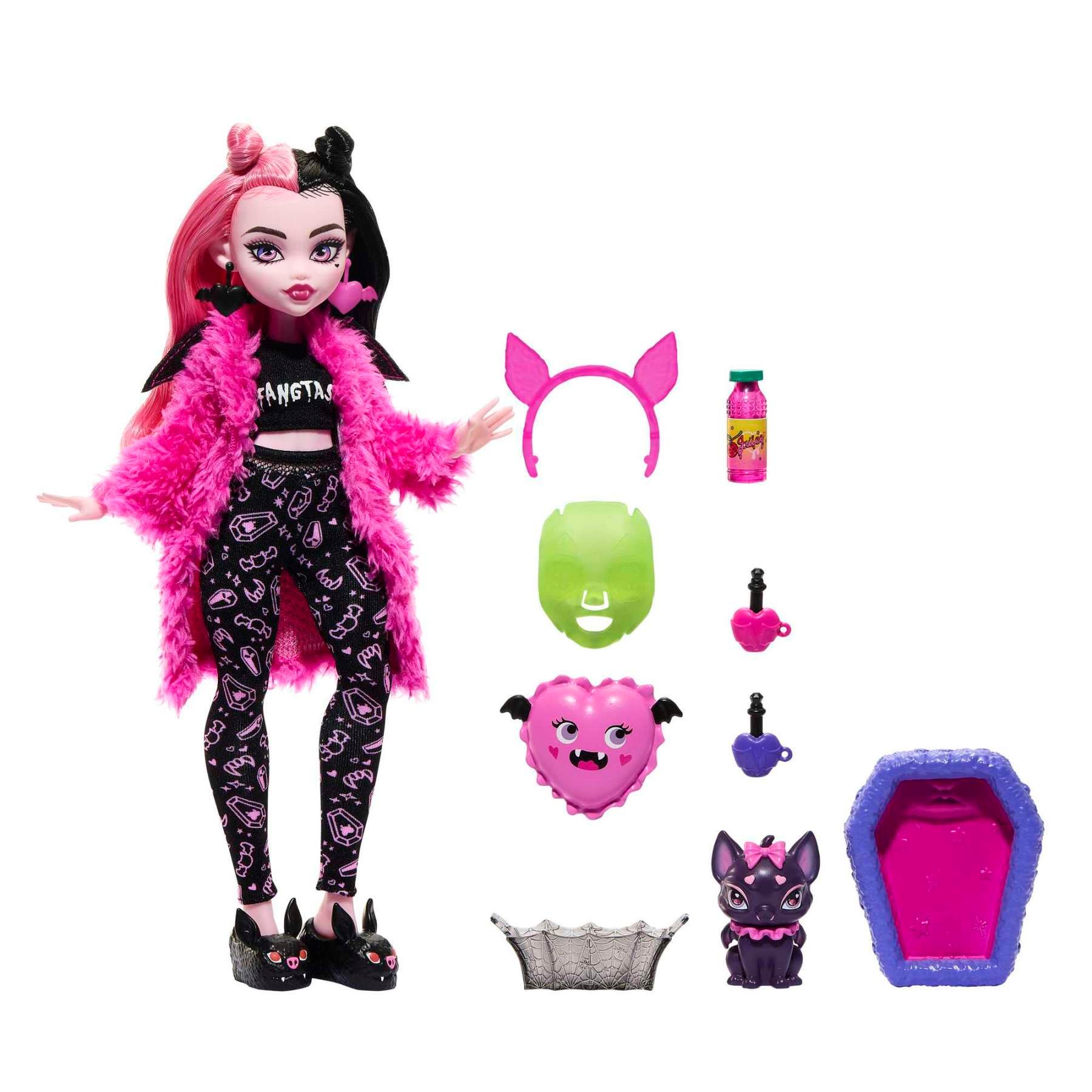 Monster High Coffret Soirée Pyjama Draculaura Poupée Draculaura Chauve de Compagnie Comte Fabulous et Accessoires thématiques HKY66 - vue 8