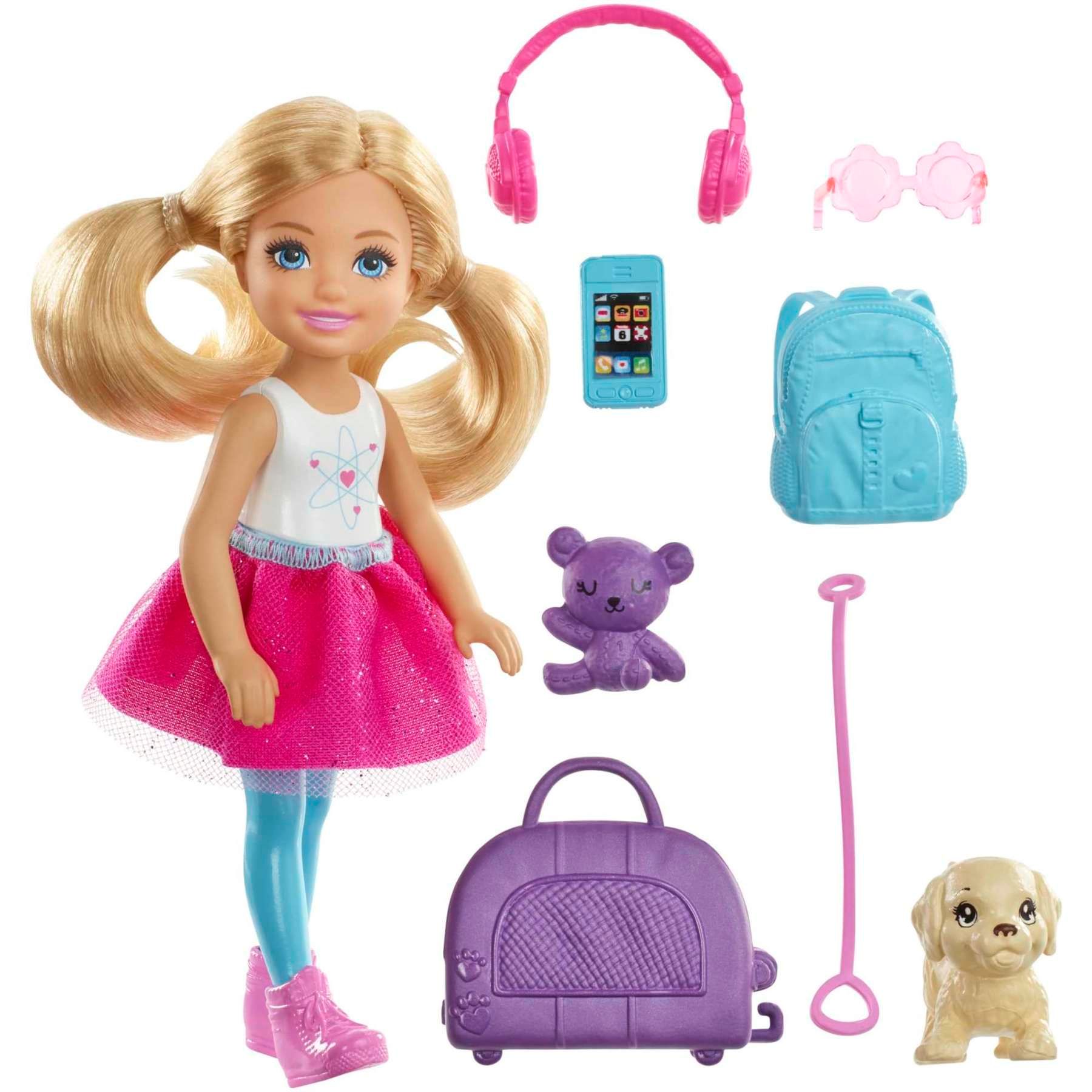 Barbie® Chelsea en Voyage Coffret poupée Chelsea et accessoires de voyage 1 chiot et 6 éléments dont un sac de transport HJY17