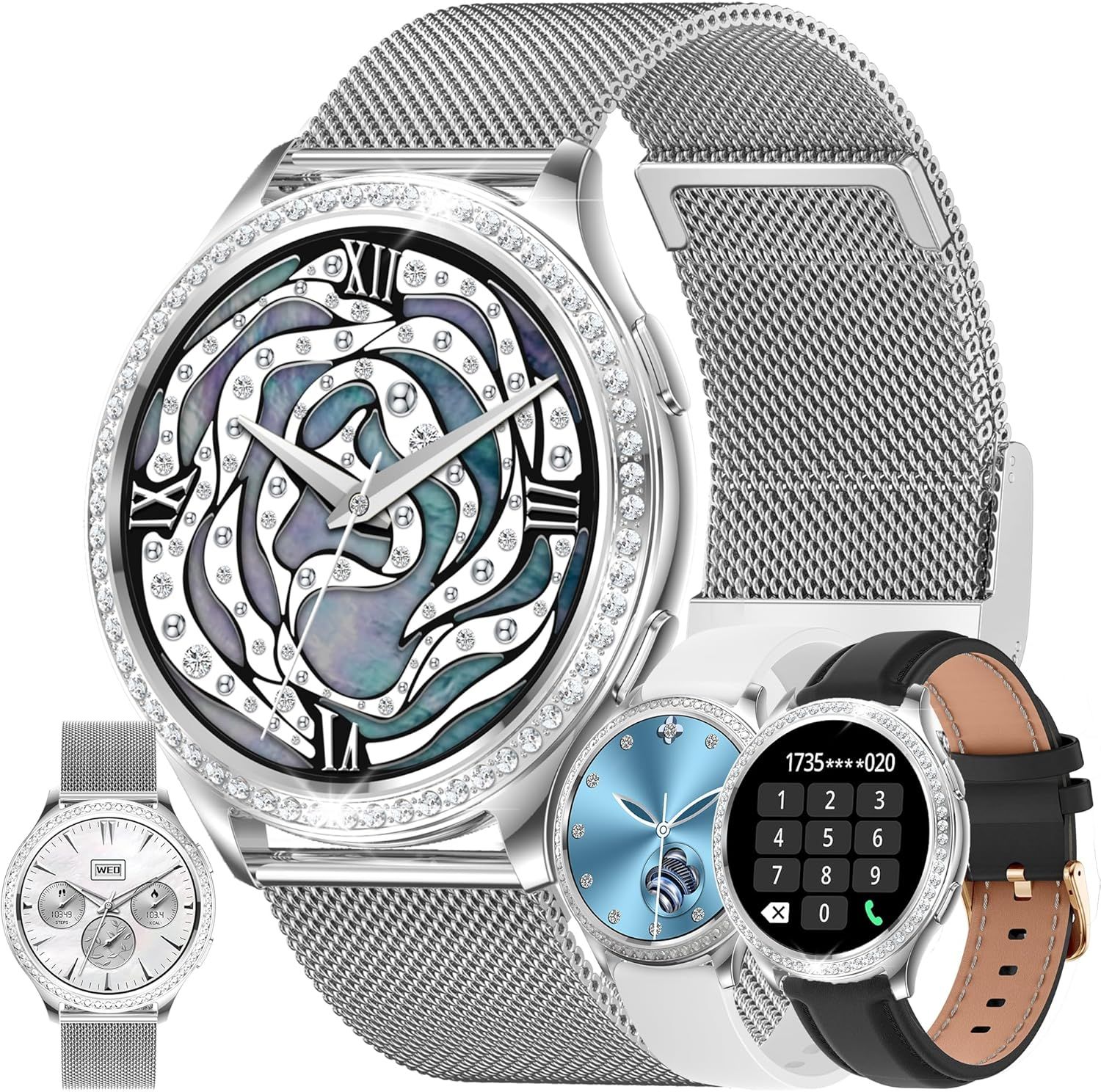 Montre Connectée Femme Avec Appel Bluetooth 5.1/Numérotation, 1,32"" Smartwatch Diamond Compatible Android Ios, Fonction Féminine, Podometre Gps Partagé Montre 123 Sports Cardiofrequencemetre (Argent)