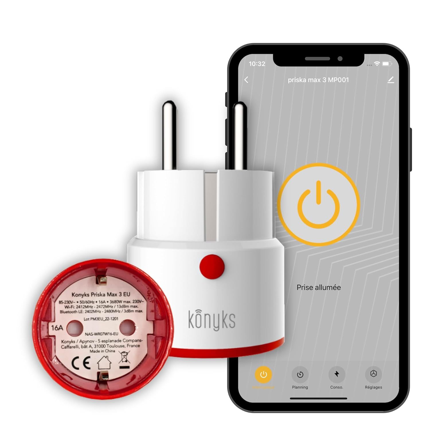 Pr Connectée Priska 3 Eu- Wifi + Bt, Fonctions Avancées V3, 16A, Compteur De Consommation, Compatible Alexa Et Google Home & Tuya -