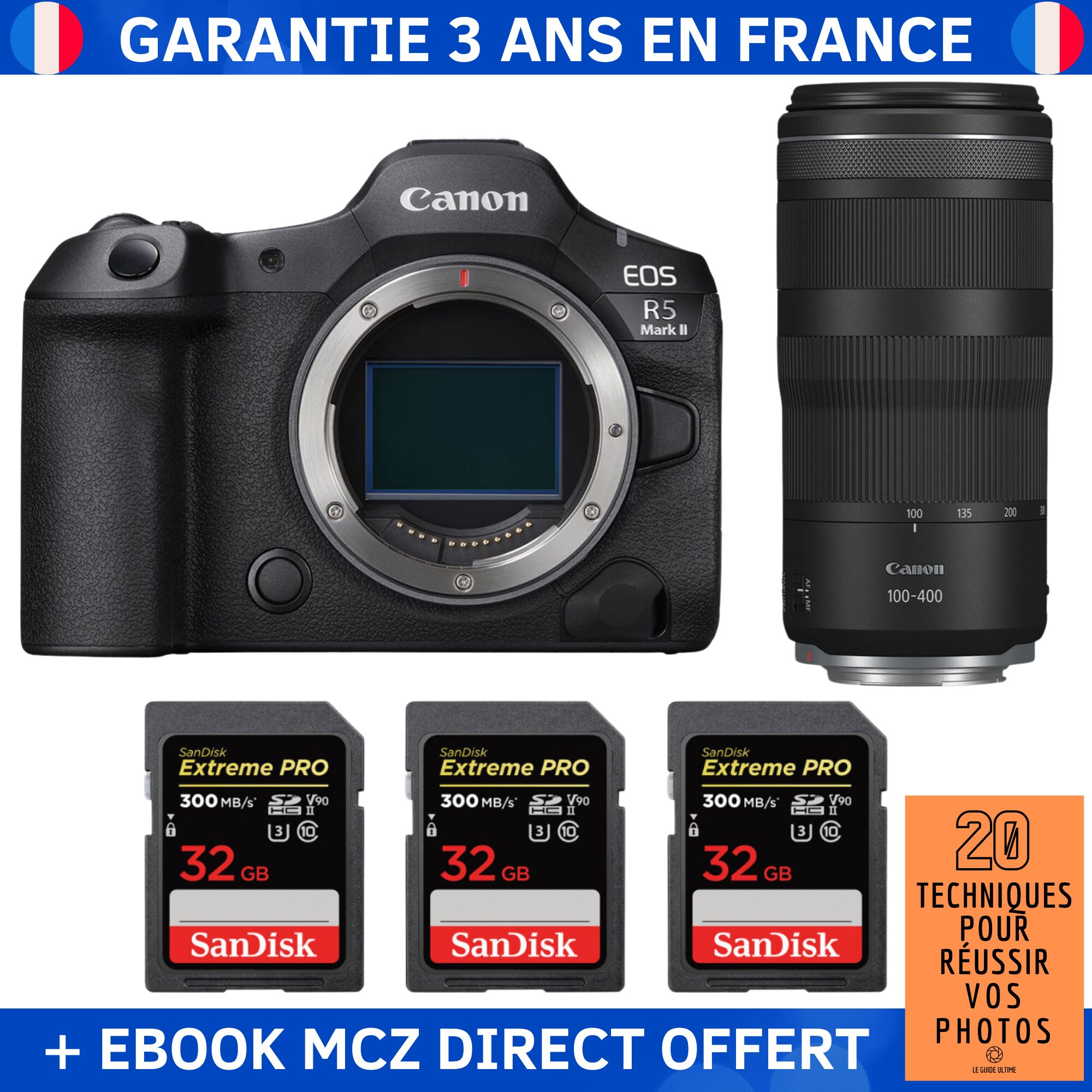 Canon EOS R5 Mark II + RF 100 400mm f5.6 8 IS USM + 3 SanDisk Extreme PRO UHS II SDXC 300 MB/ + Ebook '20 Techniques pour Réussir vos Photos' Appareil Photo Hybride Canon
