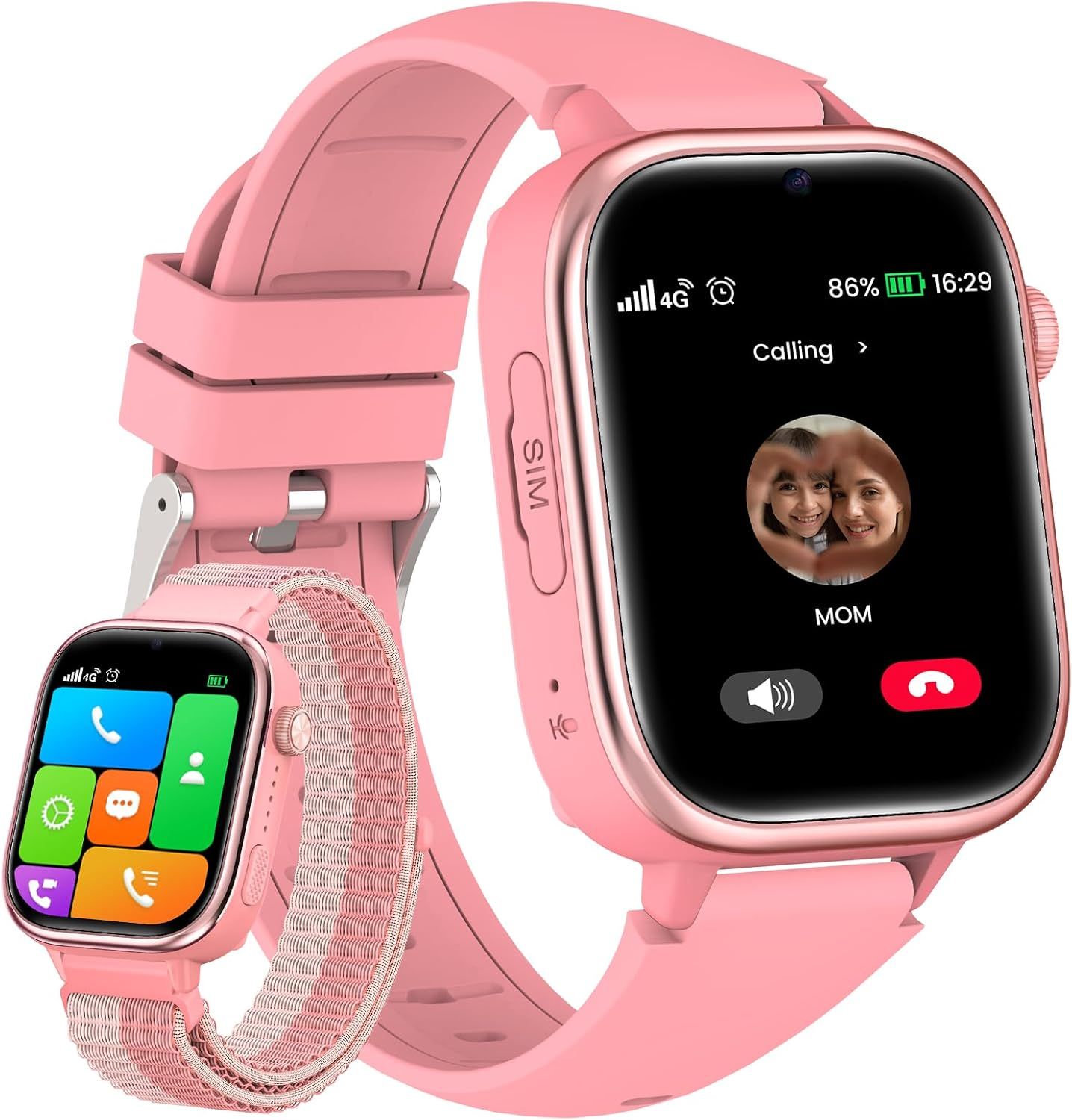 Montre Connectée Enfant 4g, Appels Vidéo, Téléphone, Chat, Ip68, Sos, Bracelet Gps, Carte Sim, Mode Classe, Podomètre, Réveil, Sommeil, Smartwatch Enfant De 4 À 12 Ans Rose, Cadeau Fille