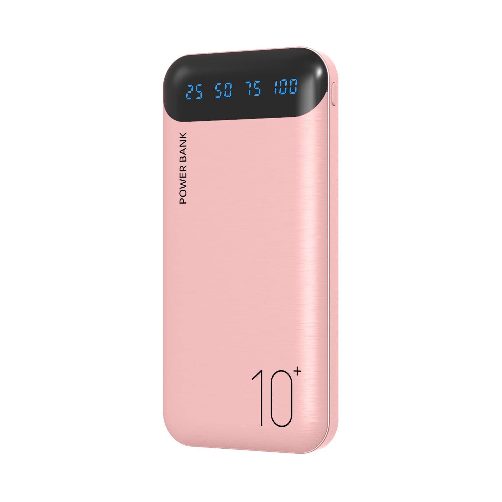 Batterie Externe 10000mah Rose, Power Bank Portable Avec 2 Ports Sorties Usb + Port Entrée Type-C, Pour Huawei Iphone Ipad, Etc